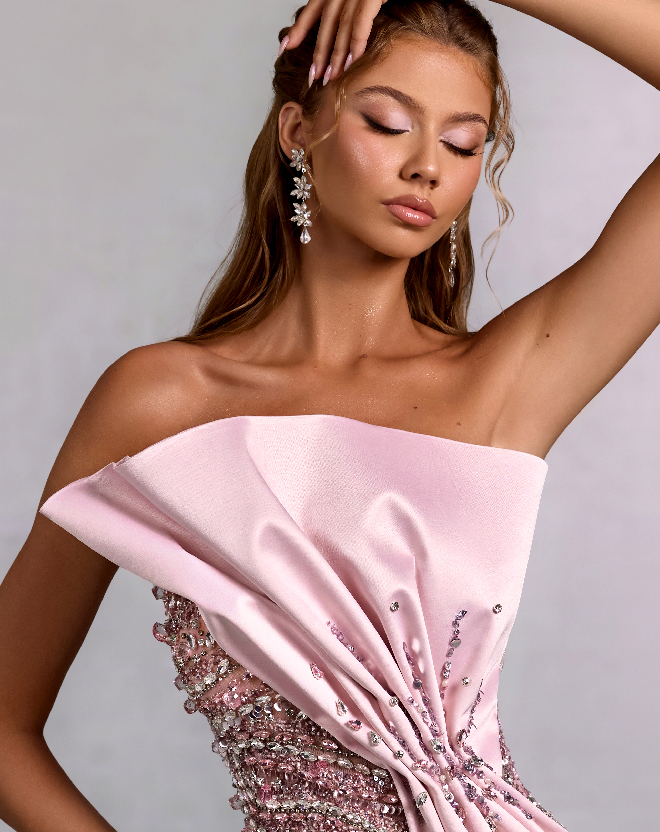 Pink Mermaid Gown with Draped Satin and Crystal Swirls
