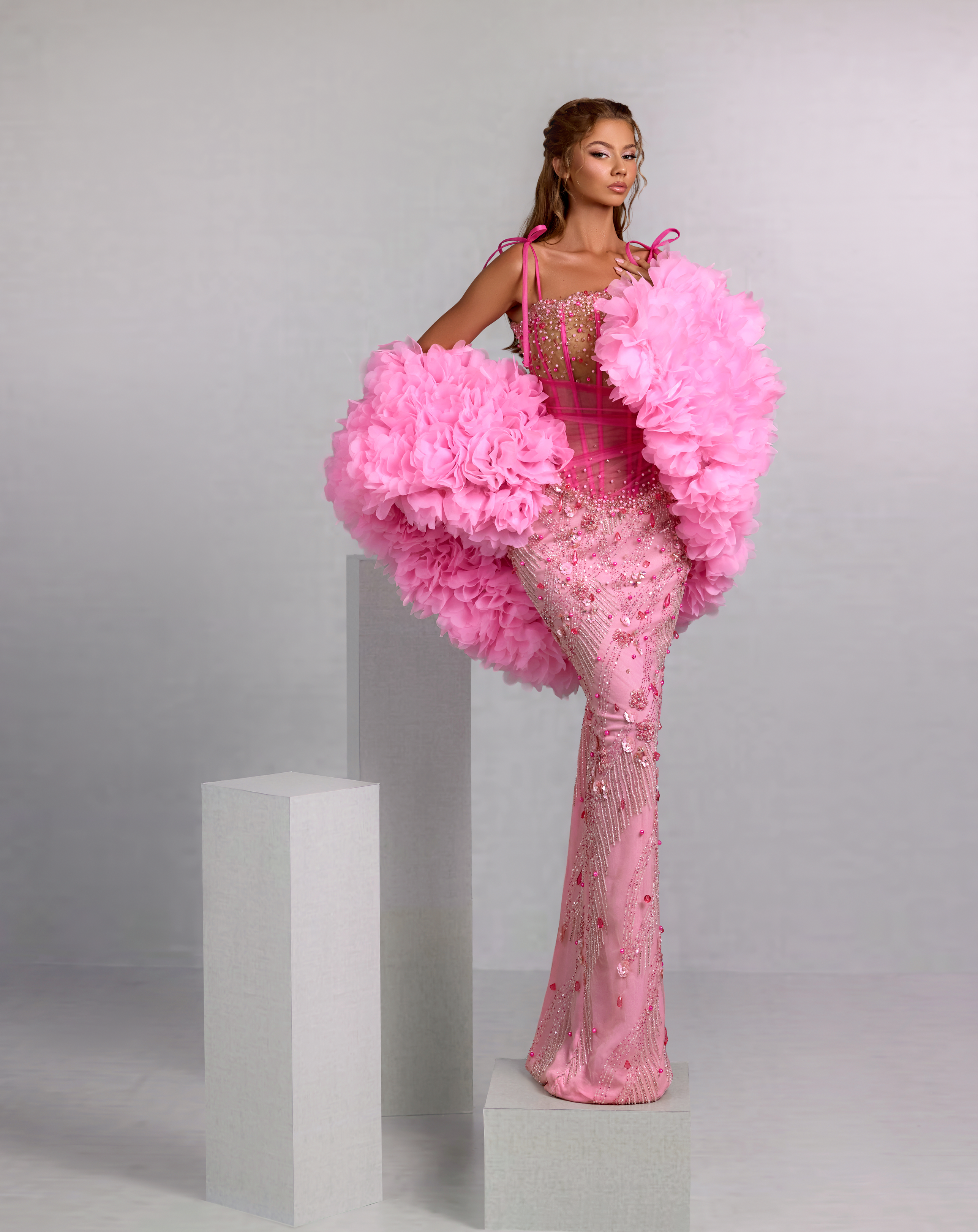 Embellished Pink Gown with Detachable Floral Organza Sleeves