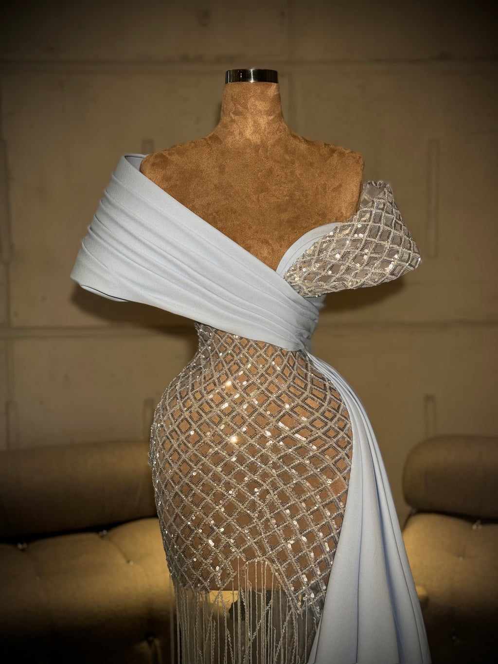 Elennè - Ice Blue Crystal Drape Gown