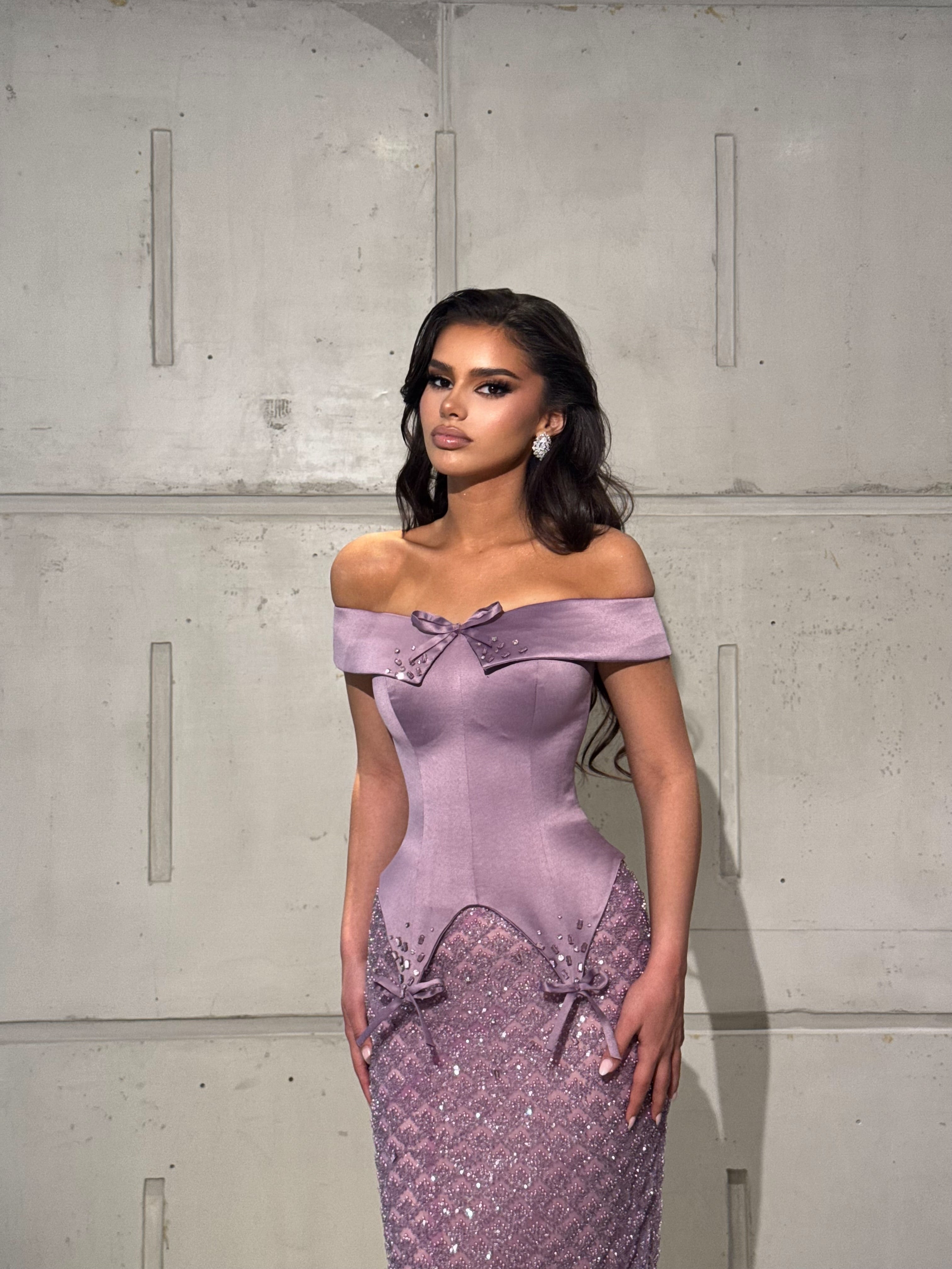 Long Dress Off Shoulder Corset with Crystal Bows