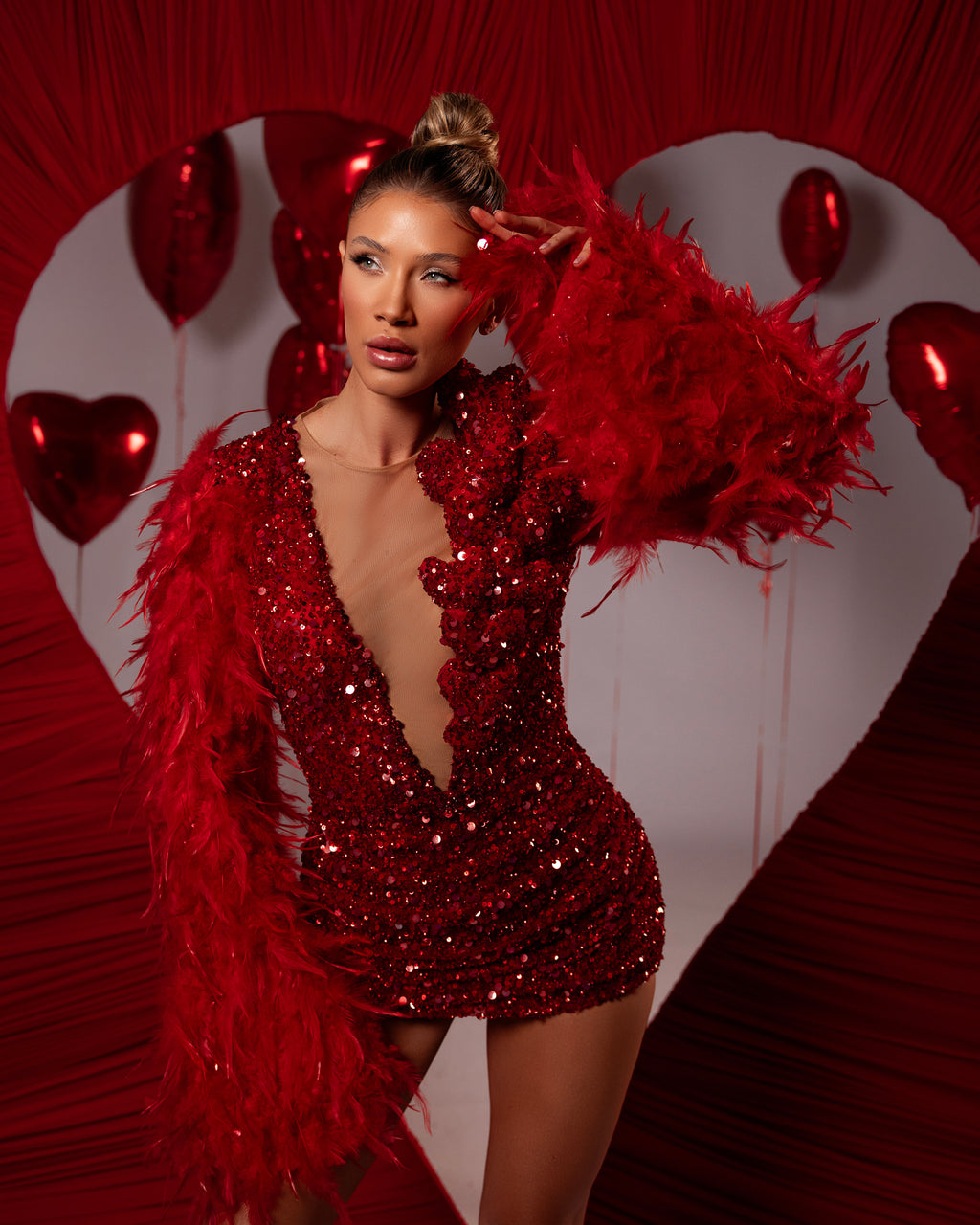 Short Feathered Sequin Plunge Dress