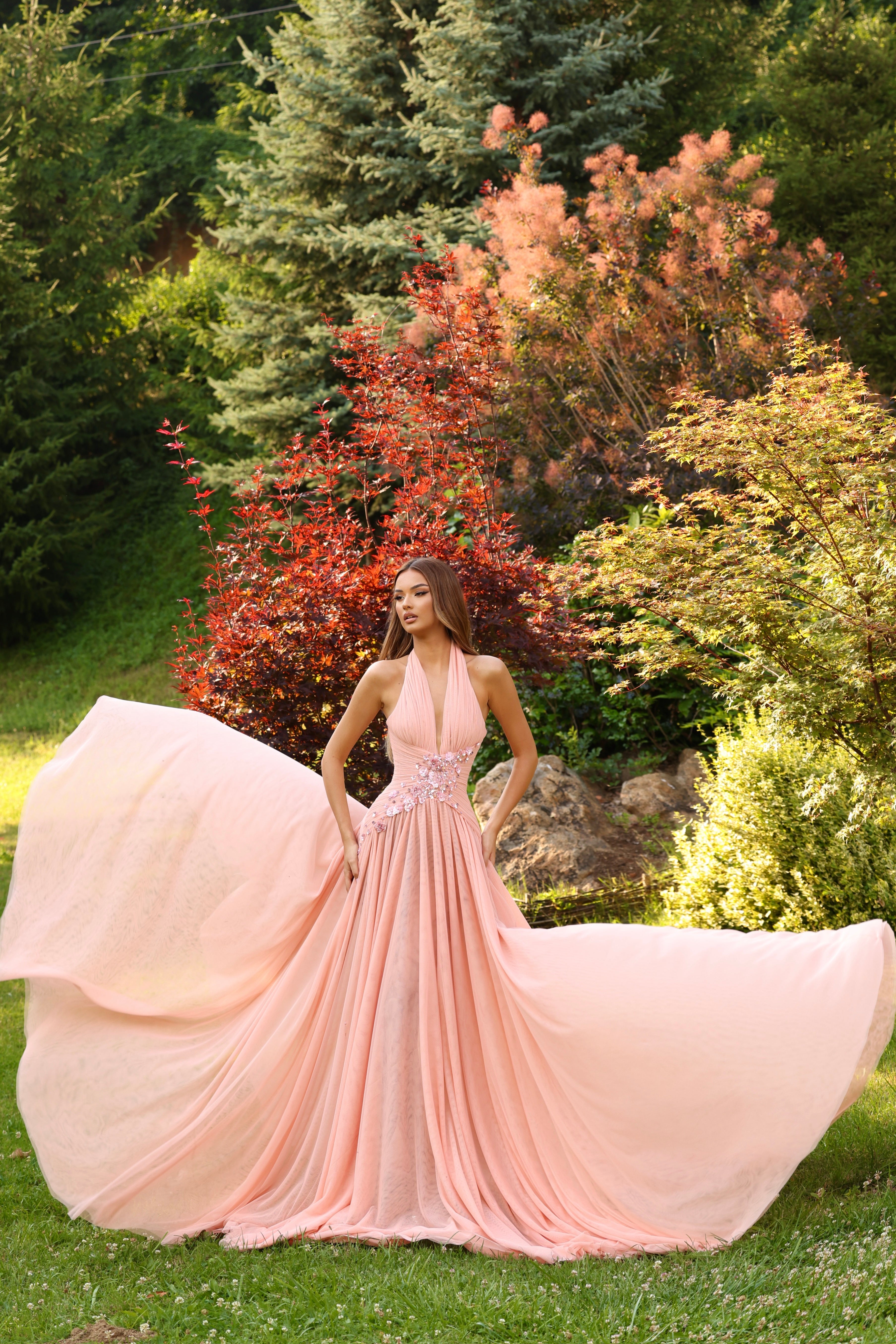 Meliora Peach Halter Gown with Floral Embellishment S Meliora Peach Halter Gown with Floral Embellishment S