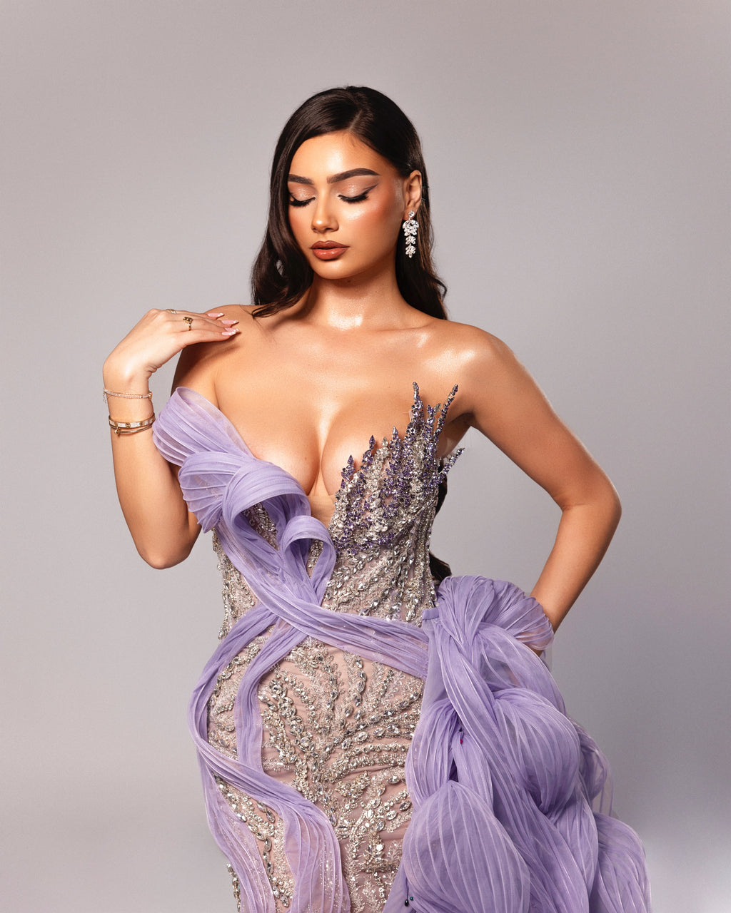 Strapless Beaded Gown with Detachable Cape