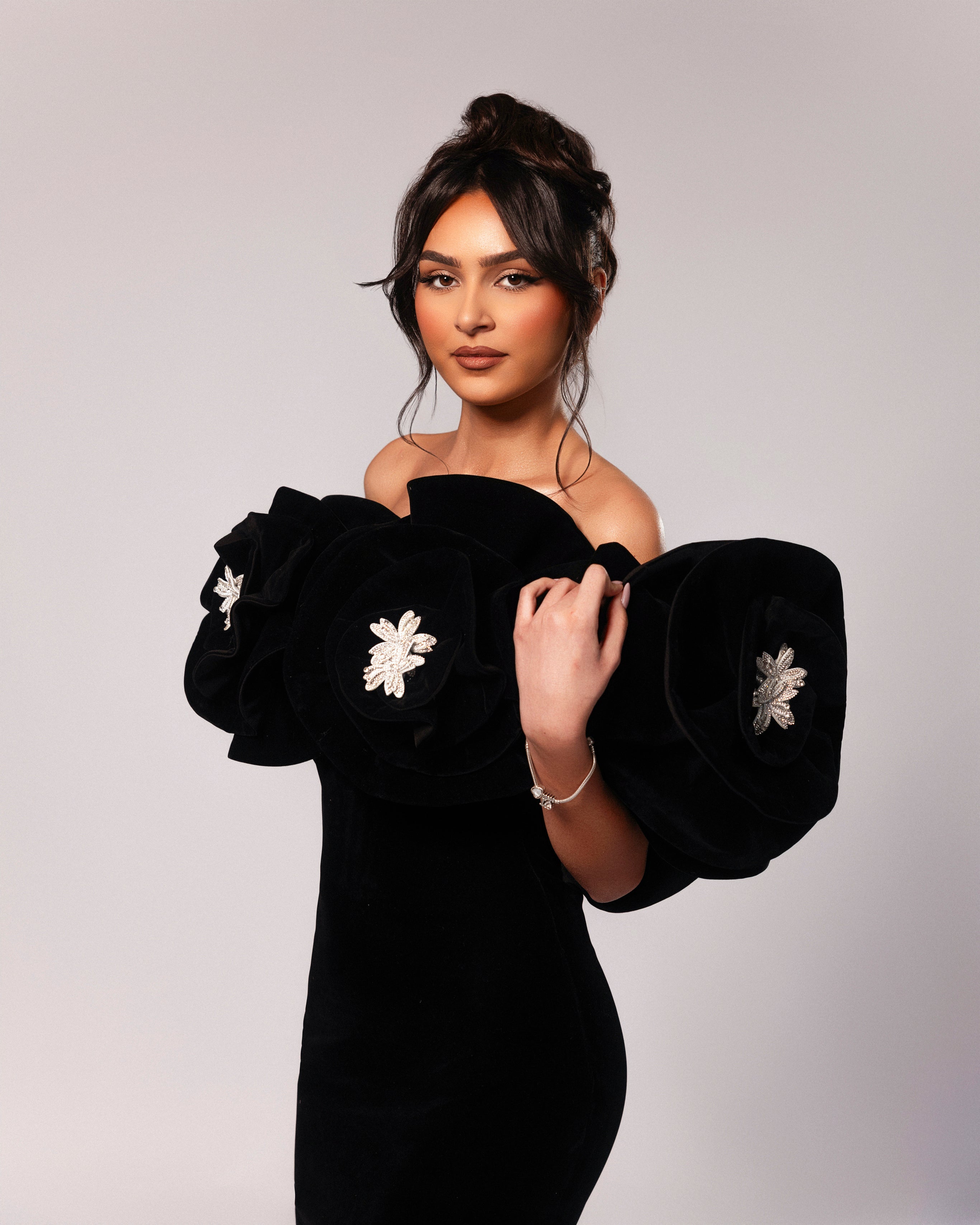 Black Velvet Gown with Floral Appliqués