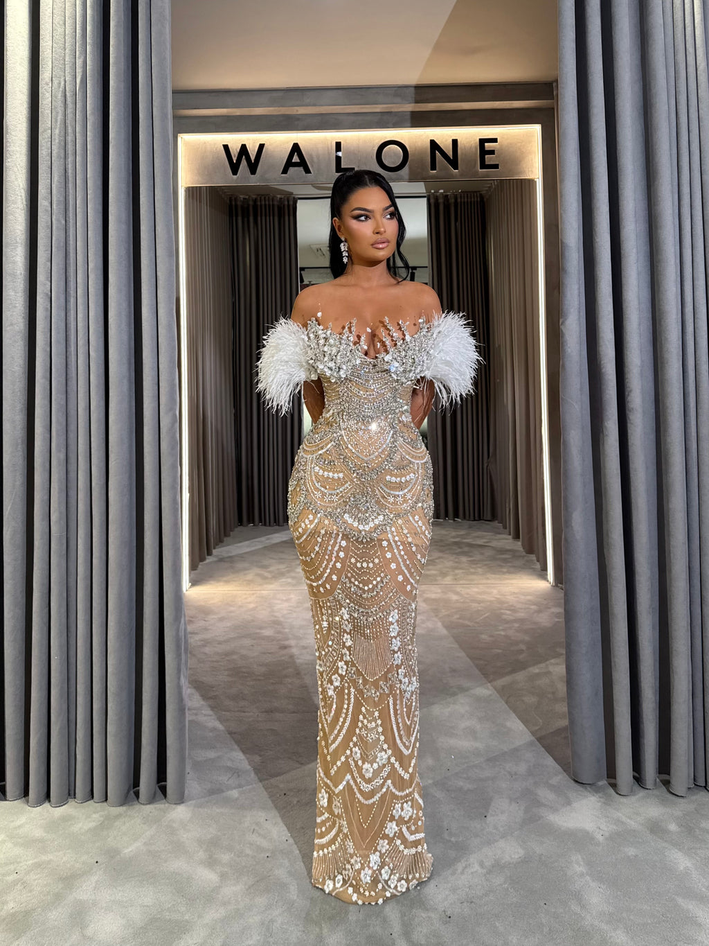 Off the shoulder beaded long dress