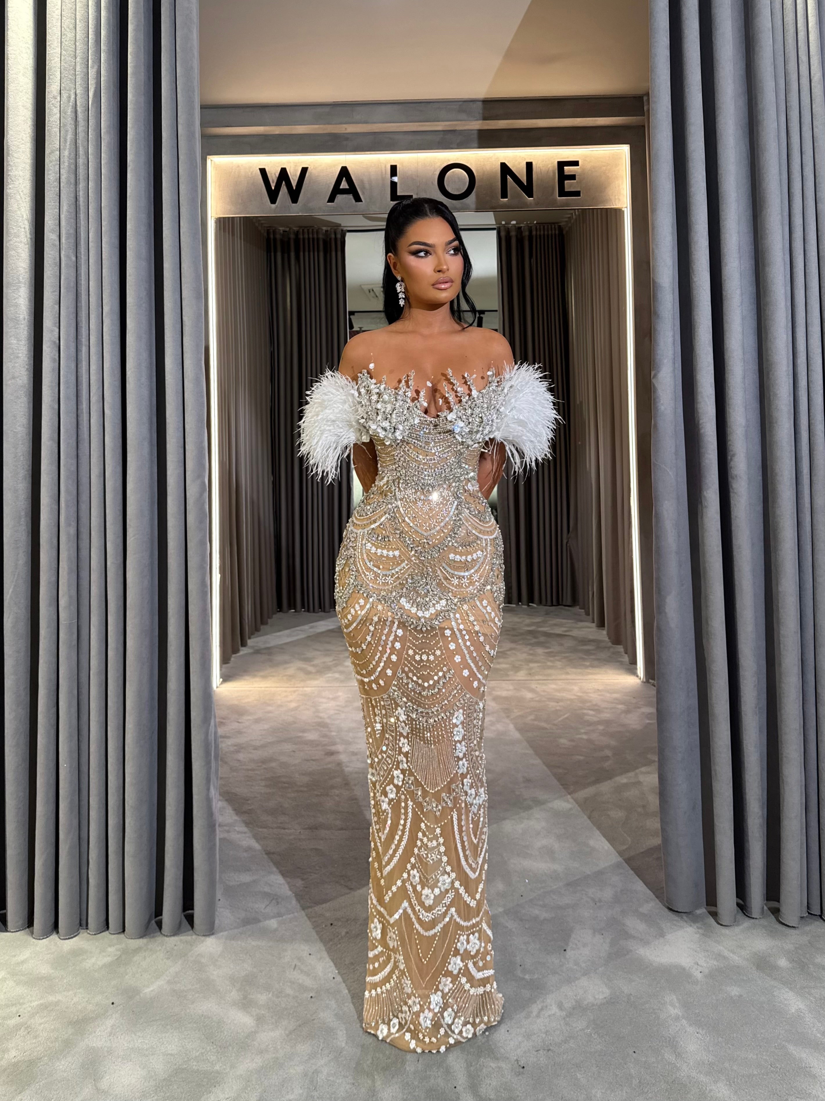 Off the shoulder beaded long dress