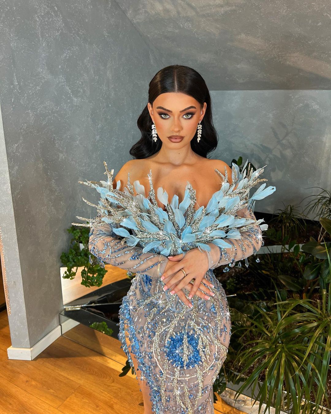 Blue Crystal Dress with Feathered Neckline