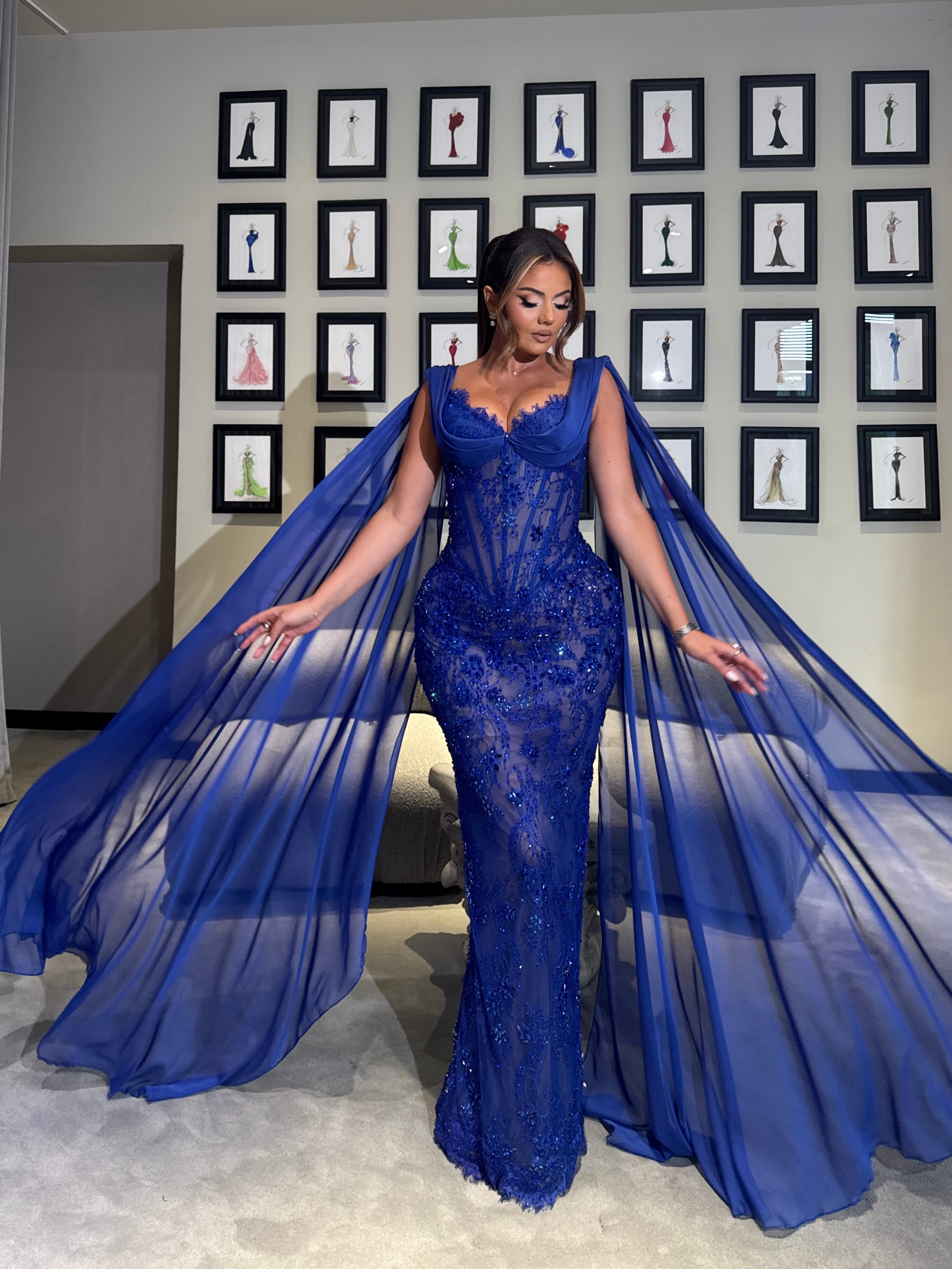 Long Royal Blue Gown with Beaded Embellishments & Draped Chiffon Sleeves XL Long Royal Blue Gown with Beaded Embellishments & Draped Chiffon Sleeves XL