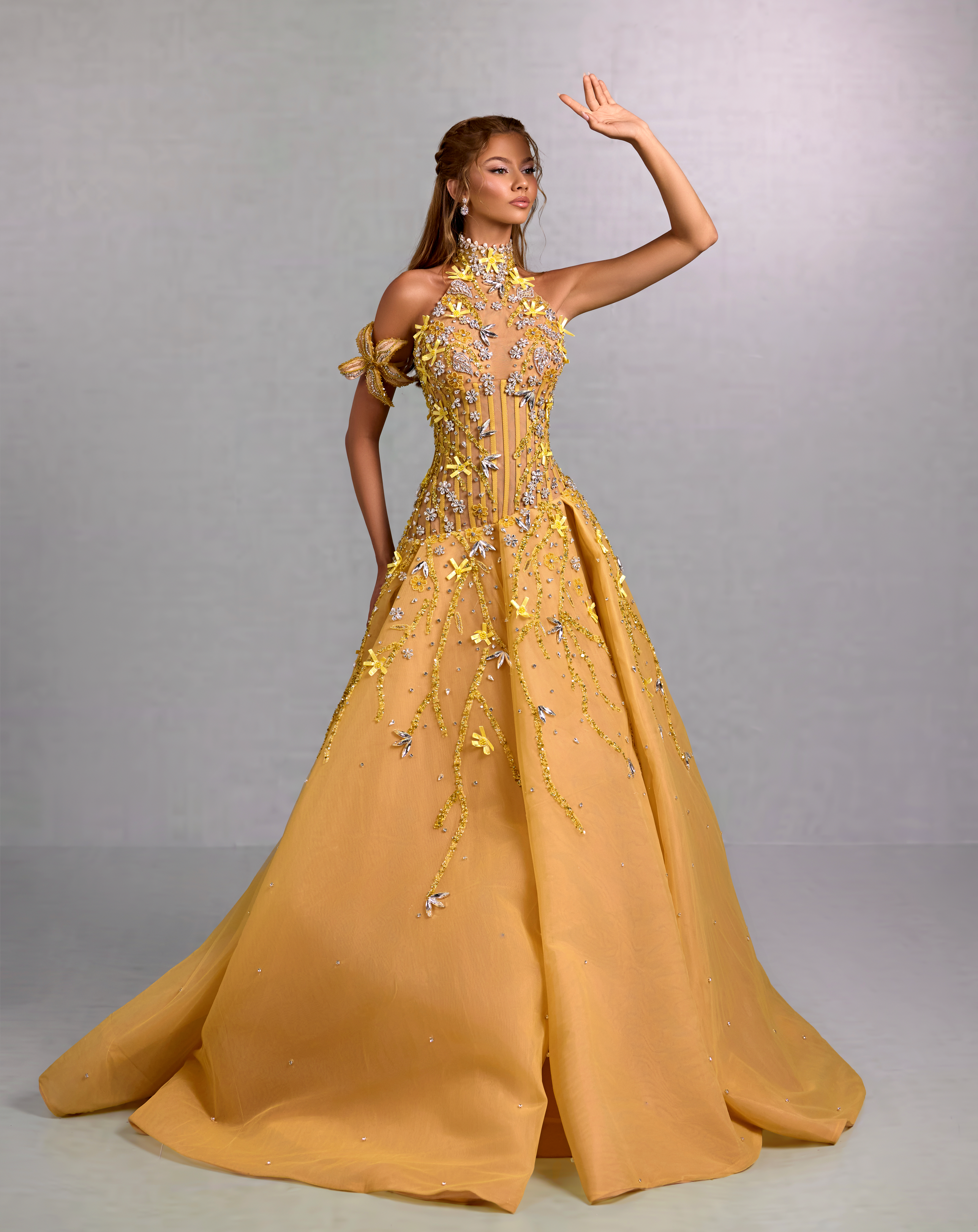 High Neck Yellow Gown with Floral Crystal Vines M High Neck Yellow Gown with Floral Crystal Vines M
