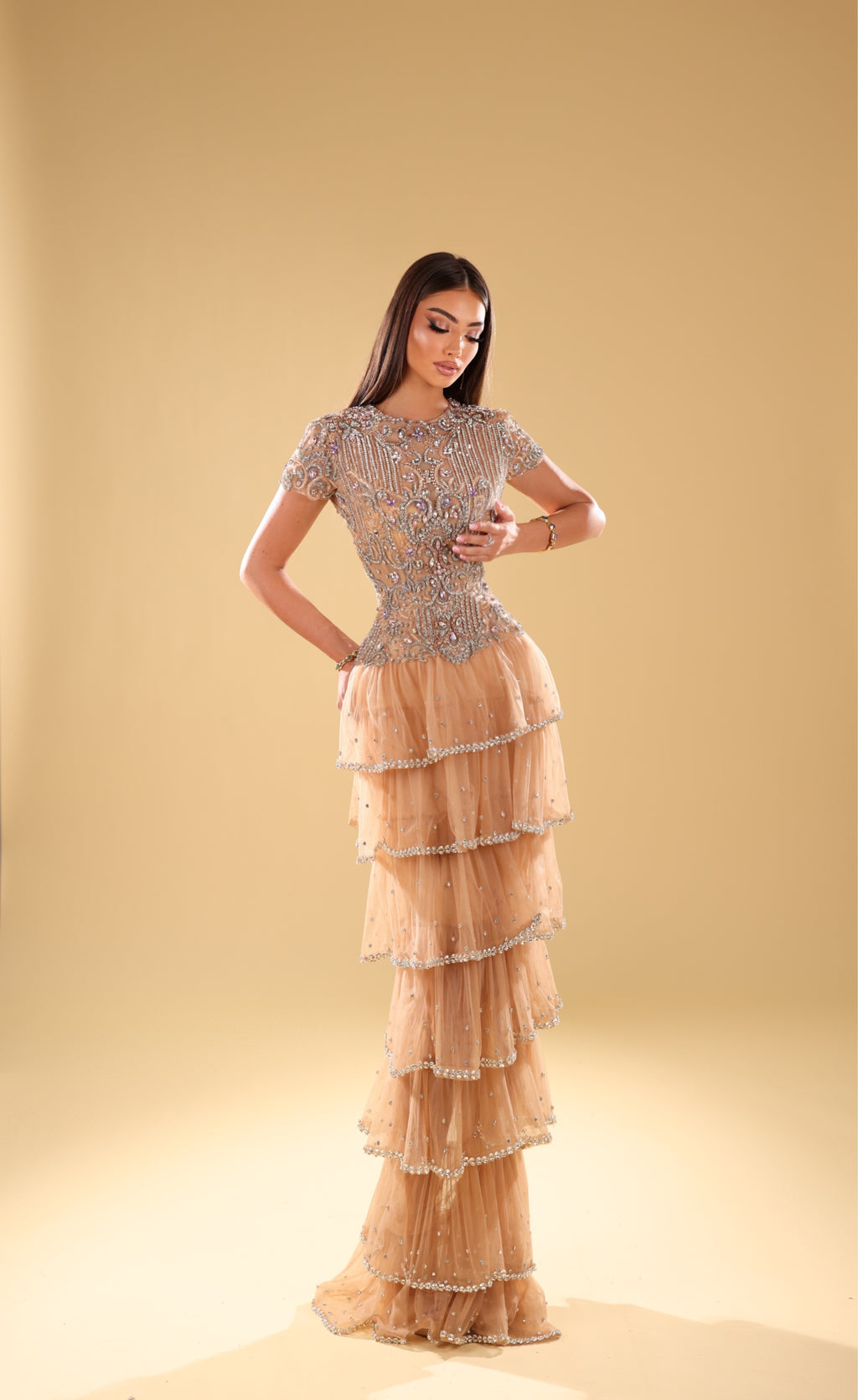 Egnatia - Embellished Cap Sleeve Tiered Tulle Gown