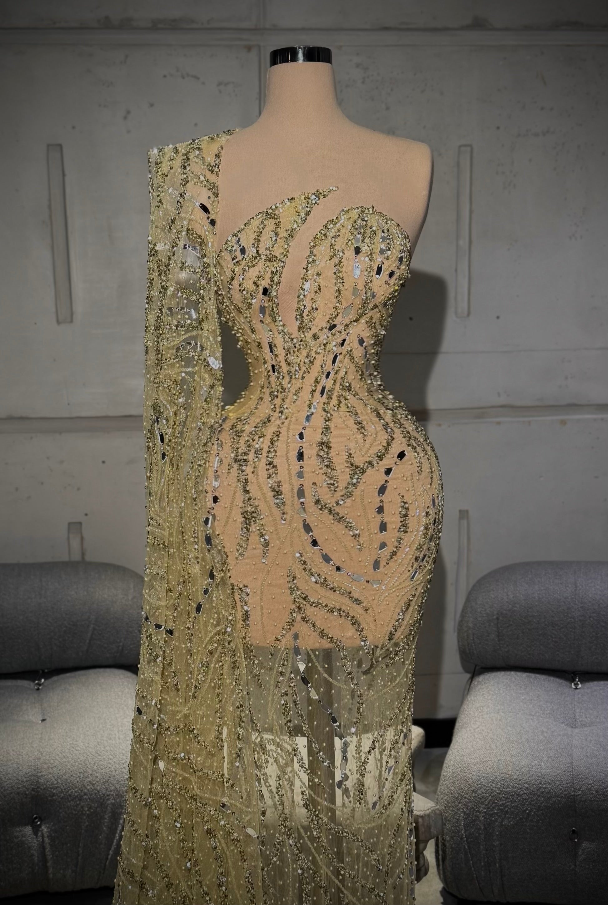 Solenne – Gold Mirror Cape Sleeve Gown