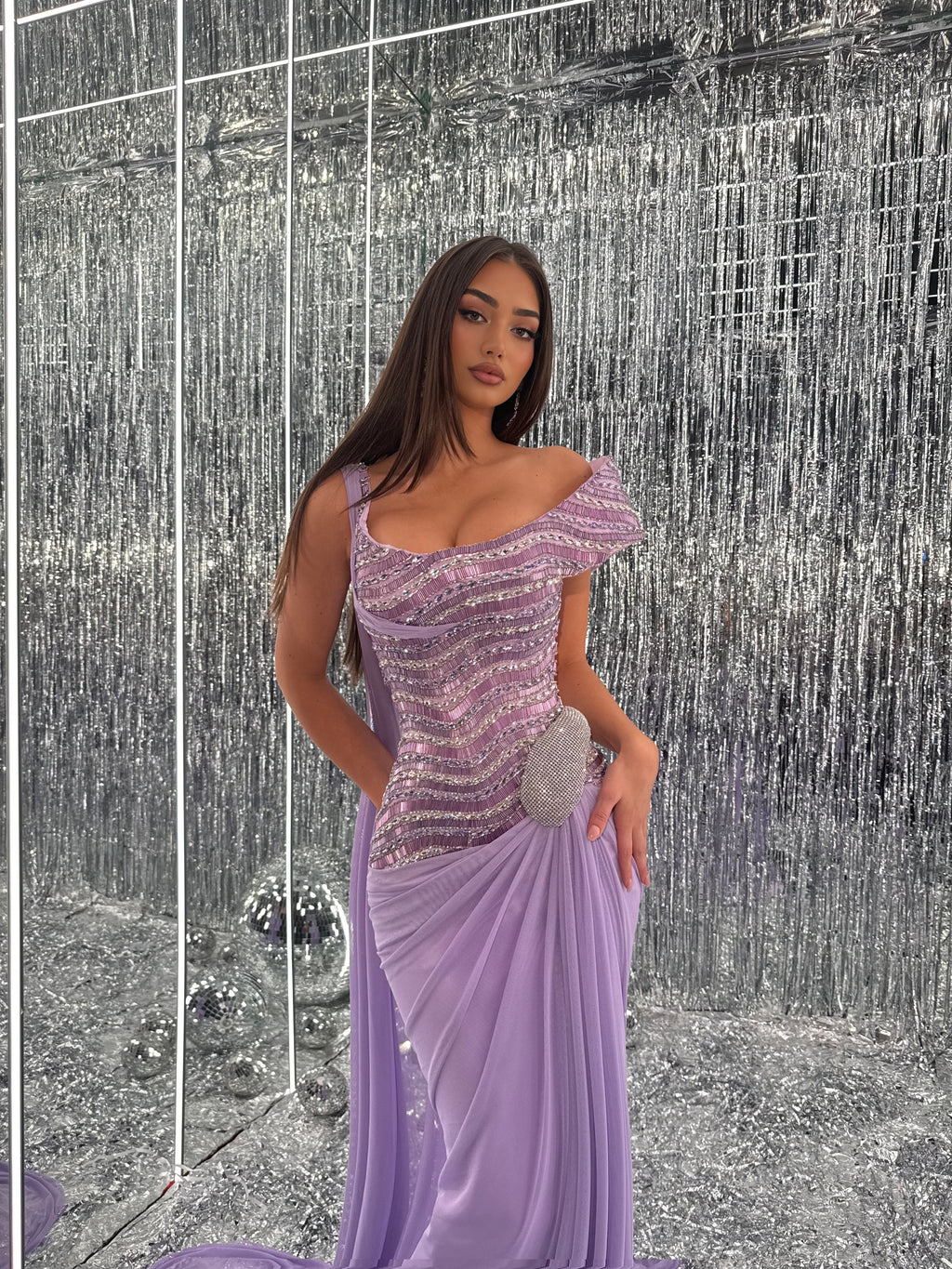 Elara – Lavender Draped Crystal Gown