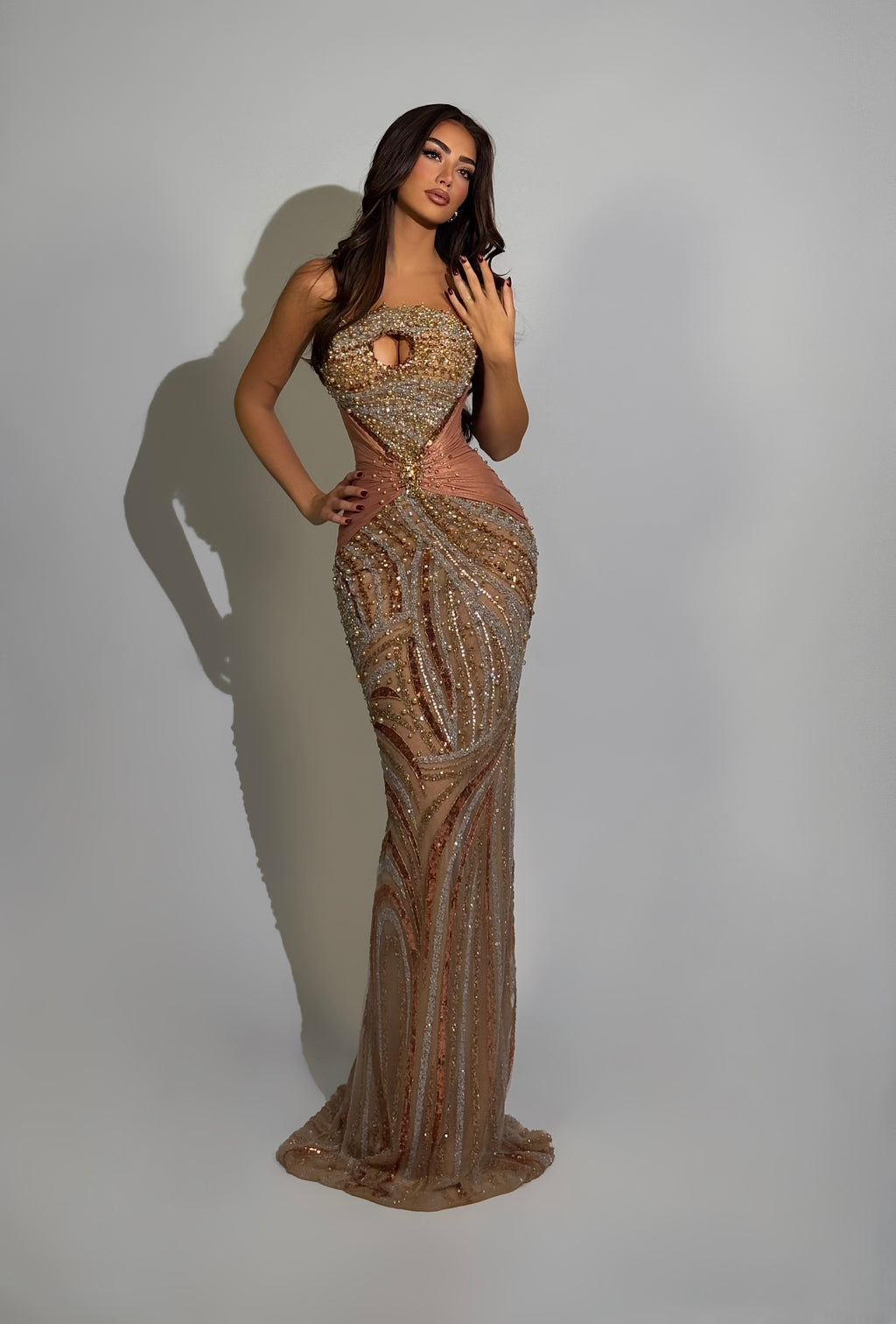 Dionara – Strapless Beaded Corset Gown with Swirl Motif and Center Cutout