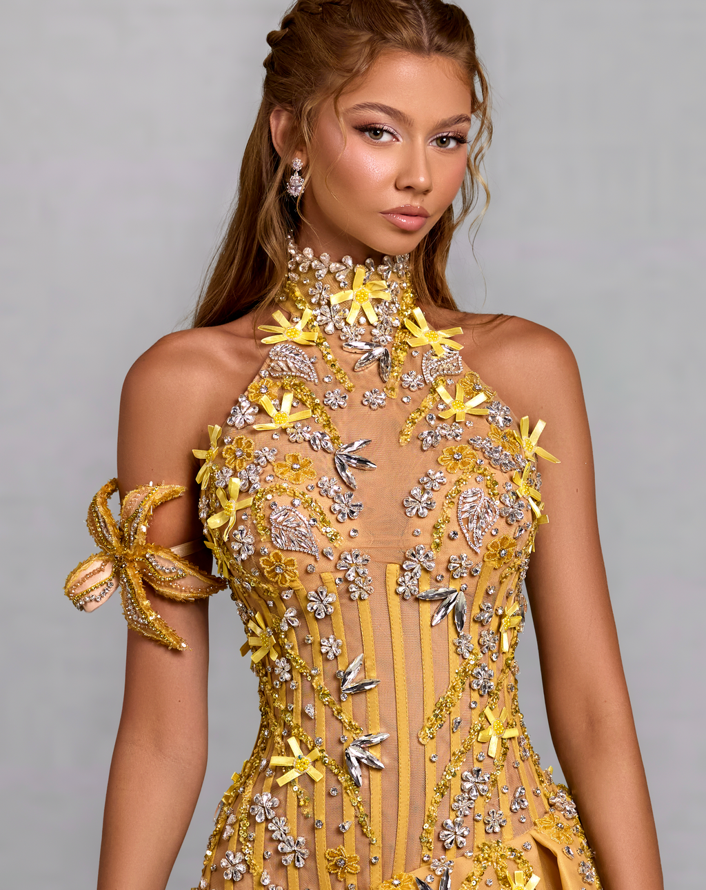 High Neck Yellow Gown with Floral Crystal Vines