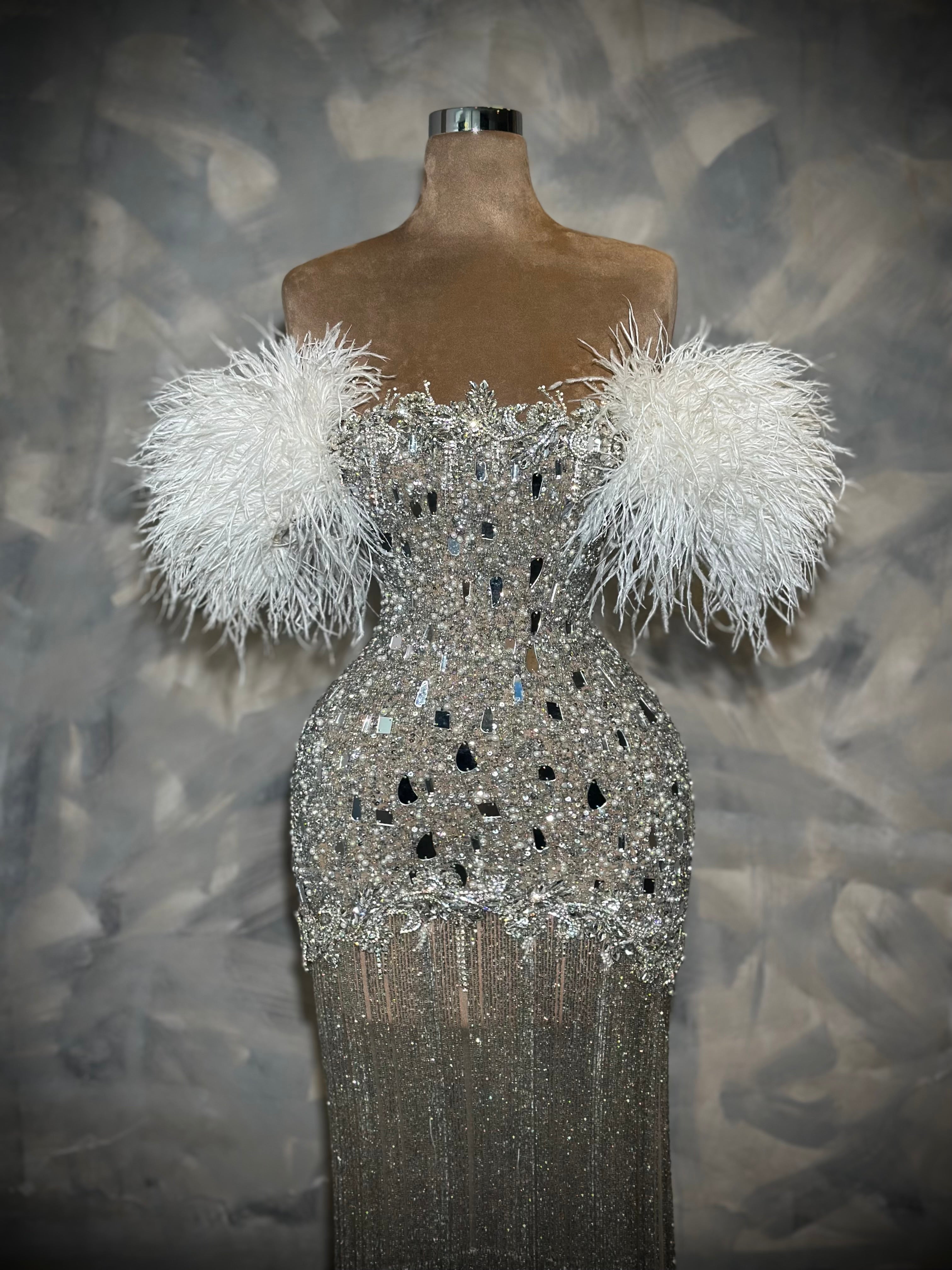 Theresia - Silver crystal feather gown