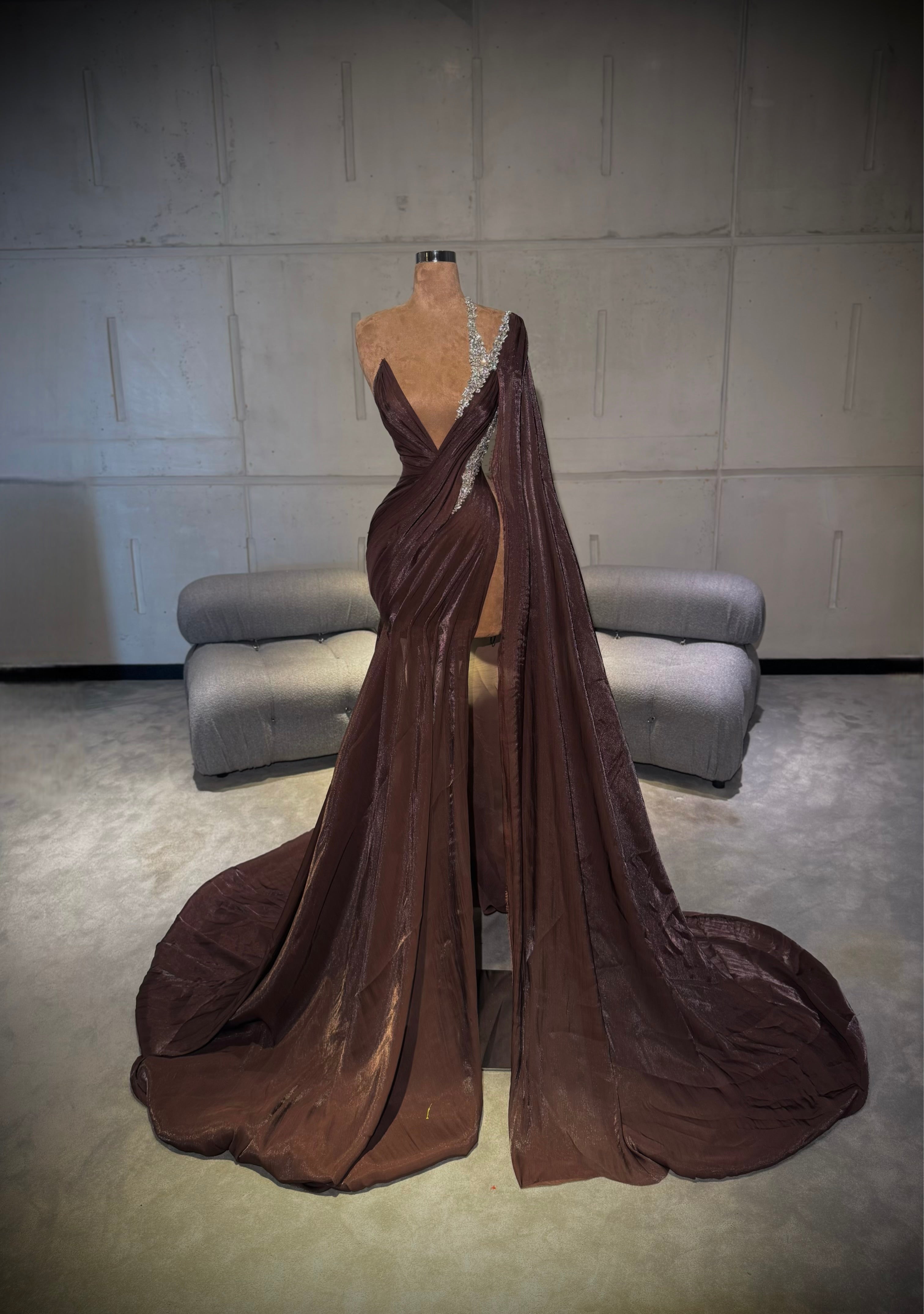Layla – Brown Draped Gown with Crystal Detailing