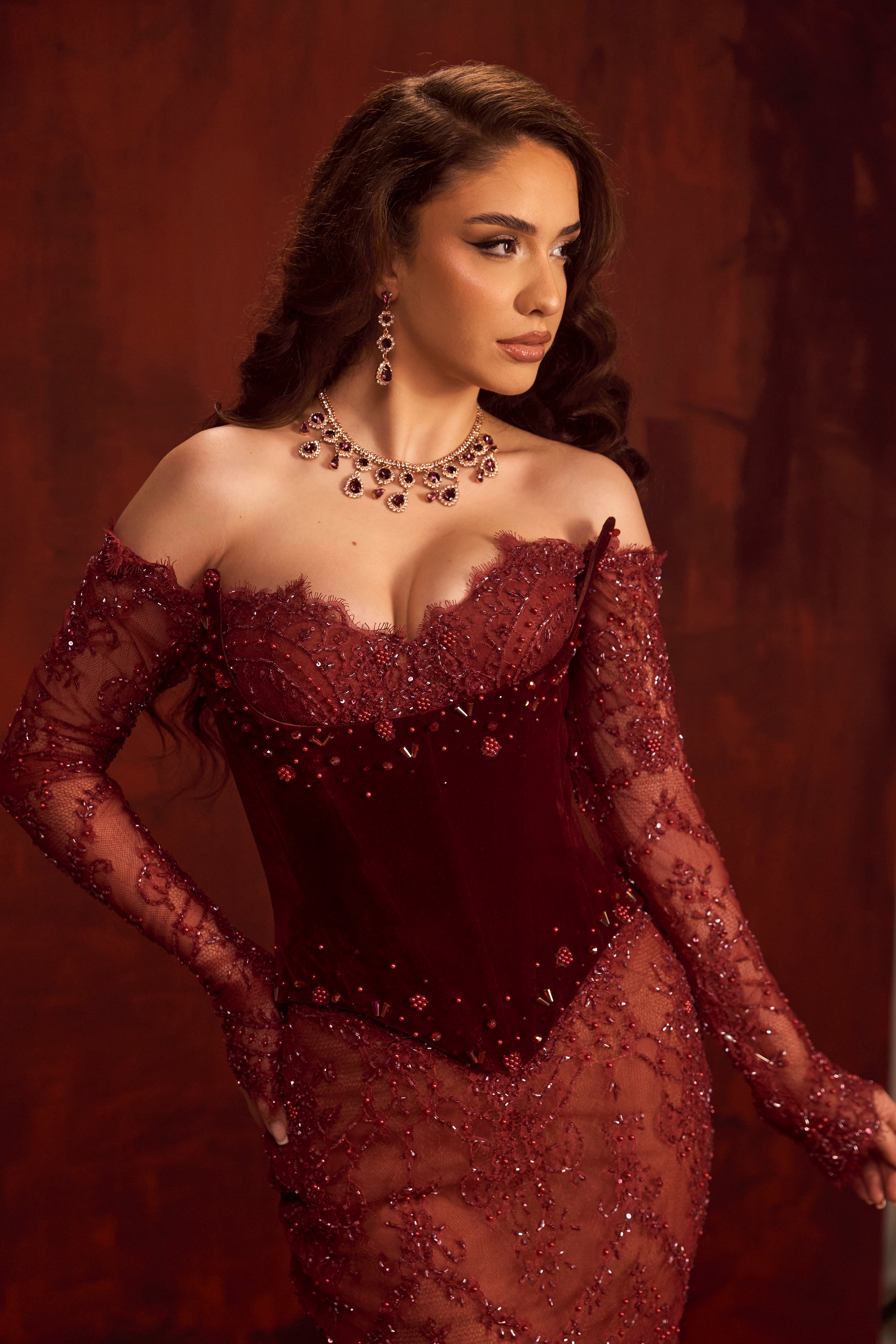 Auralyn - Burgundy Lace Embellished Gown L Auralyn - Burgundy Lace Embellished Gown L