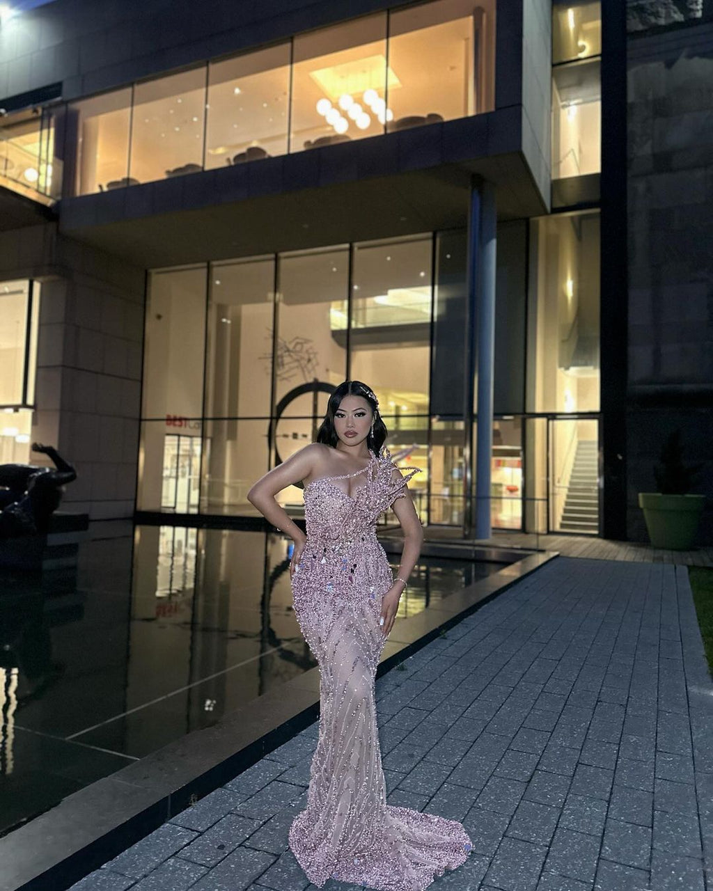 One shoulder dress with floral embellishments