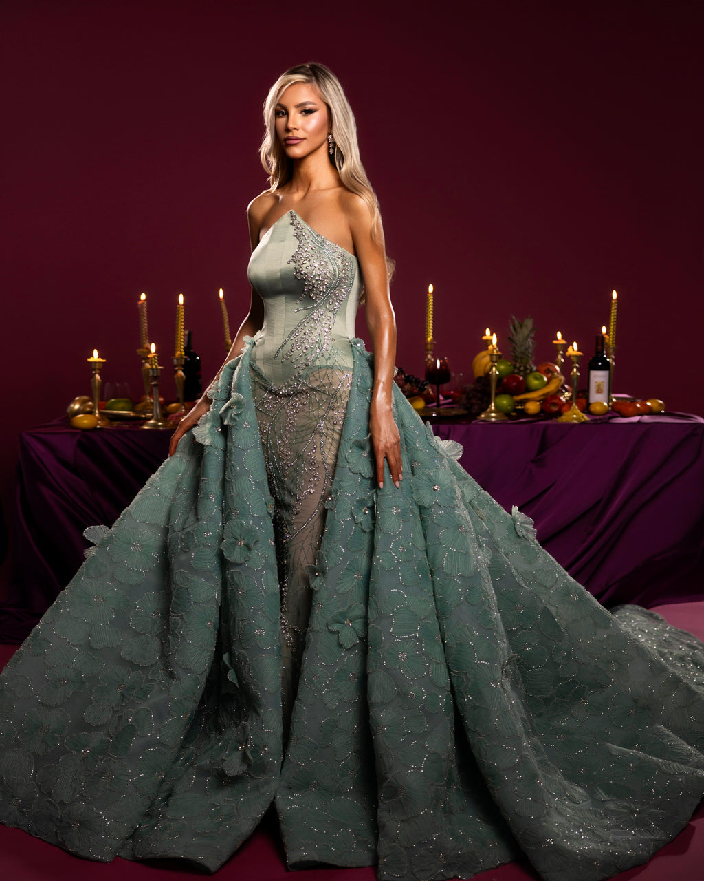 Embroidered Strapless Gown with Floral Train