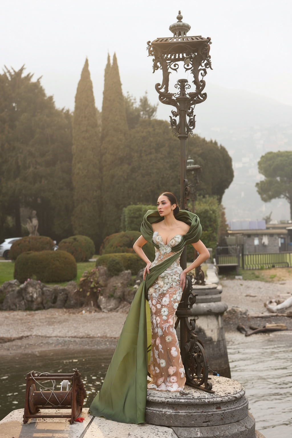 Riela - Draped Floral Gown with Pearl Embroidery