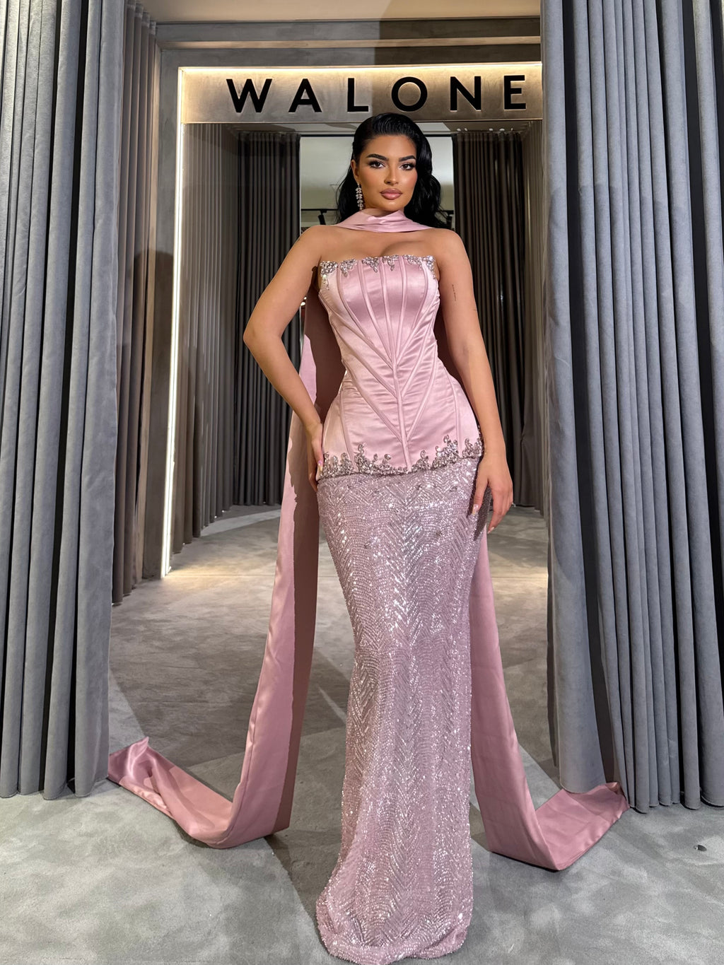 Long dress with structured satin corset and chevron sequin skirt