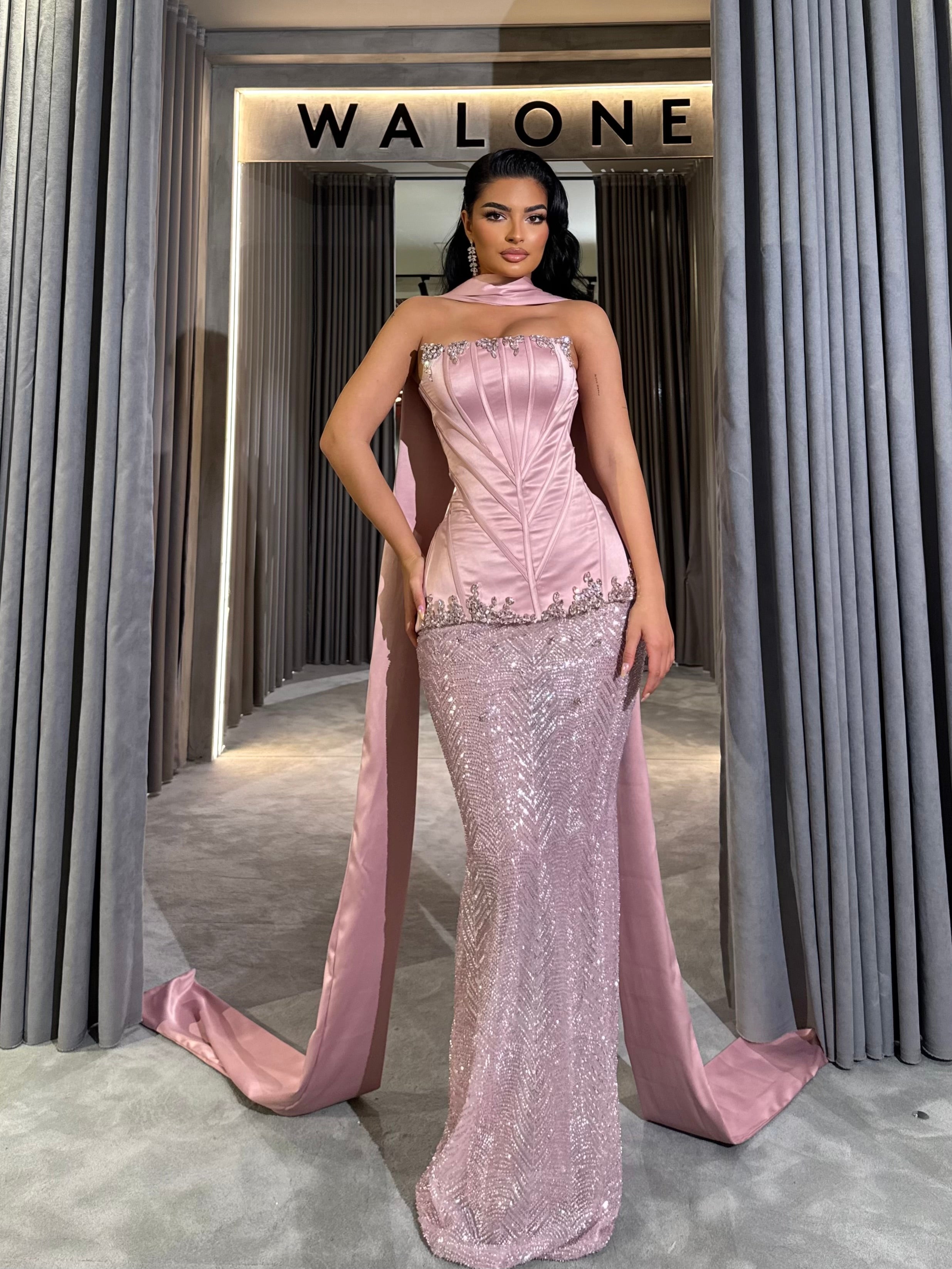 Long dress with structured satin corset and chevron sequin skirt