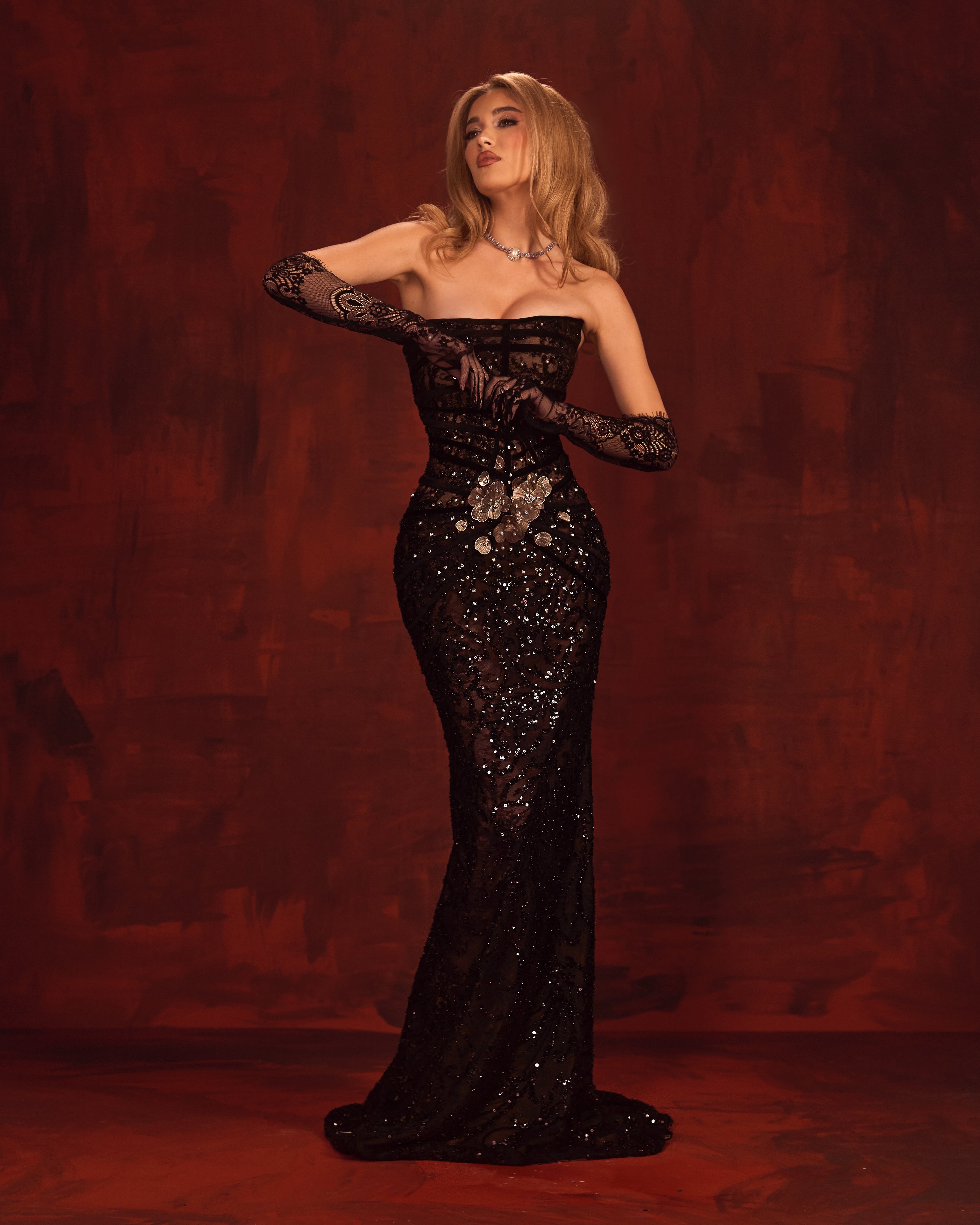 Mirelda - Black Beaded Strapless Gown