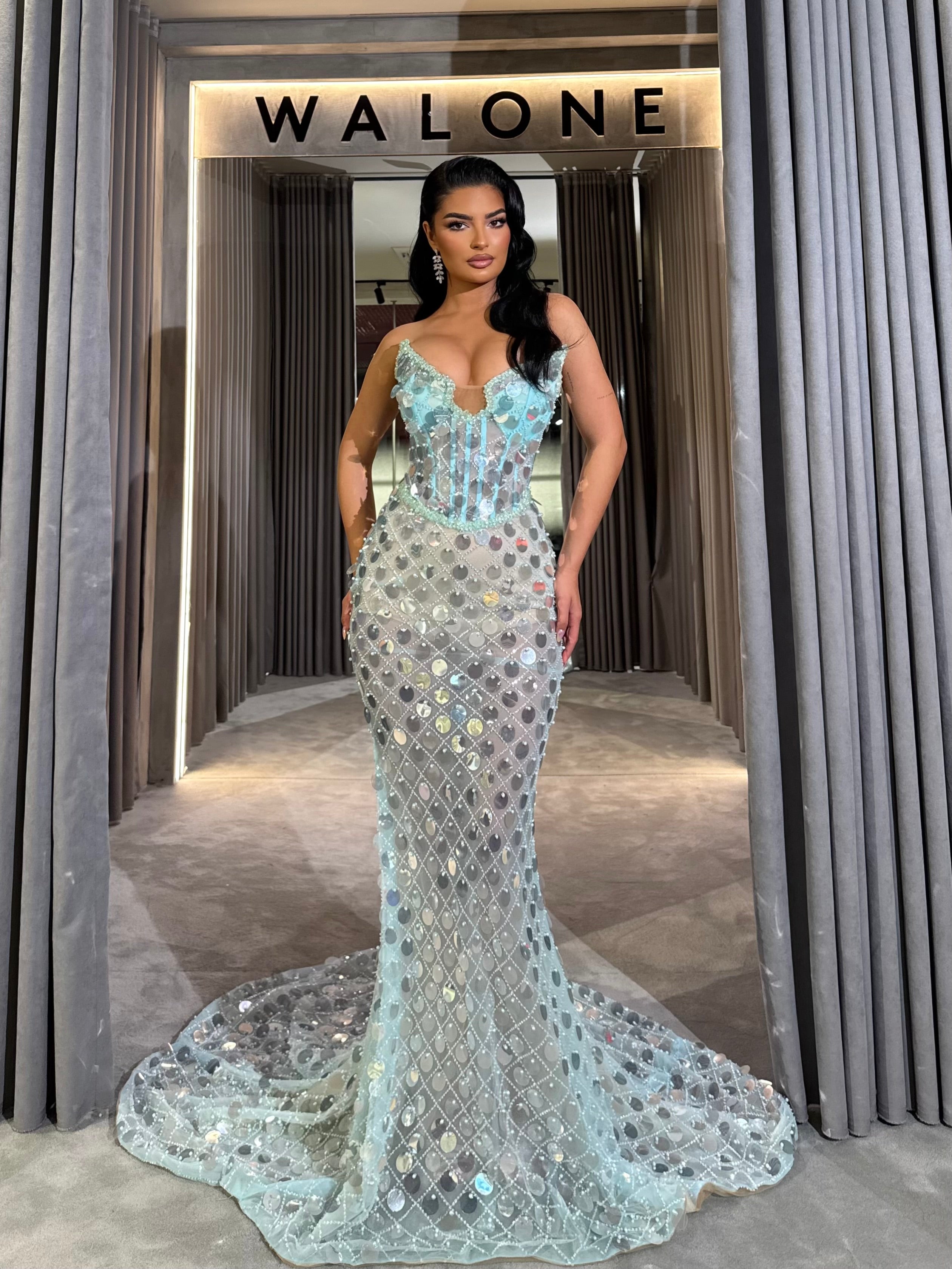 Long dress with crystal mesh overlay and structured corset bodice XL