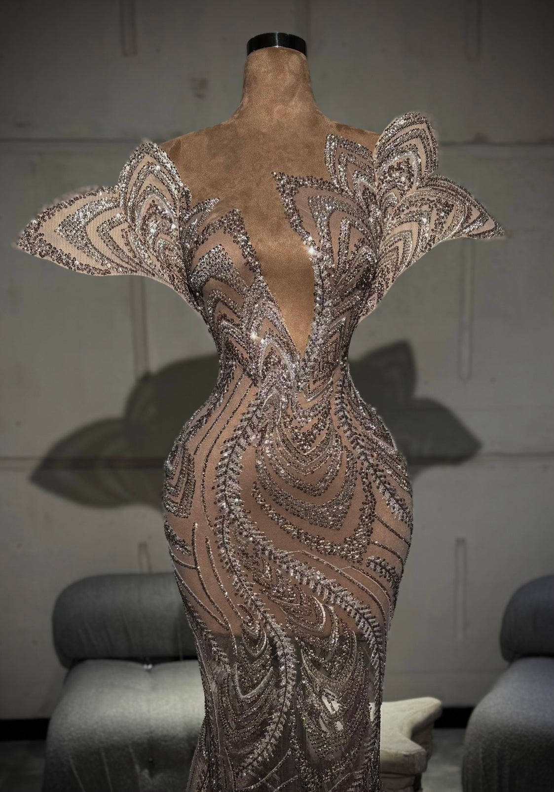 Avelina – Nude Silver Beaded Mermaid Gown