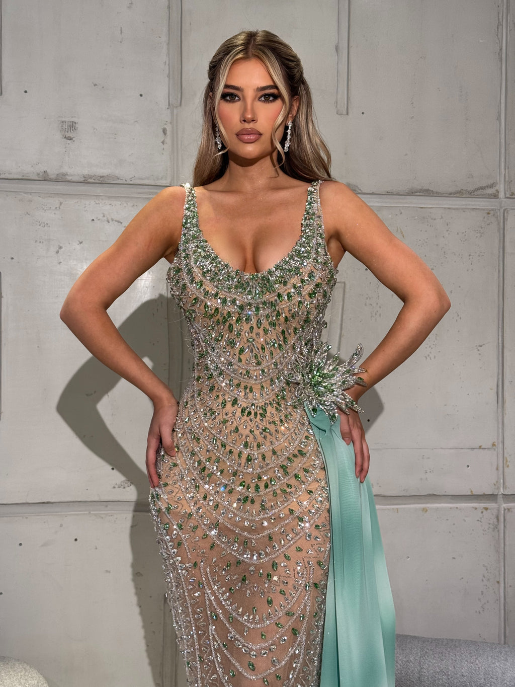 Mint Embellished Gown with Crystal Draping