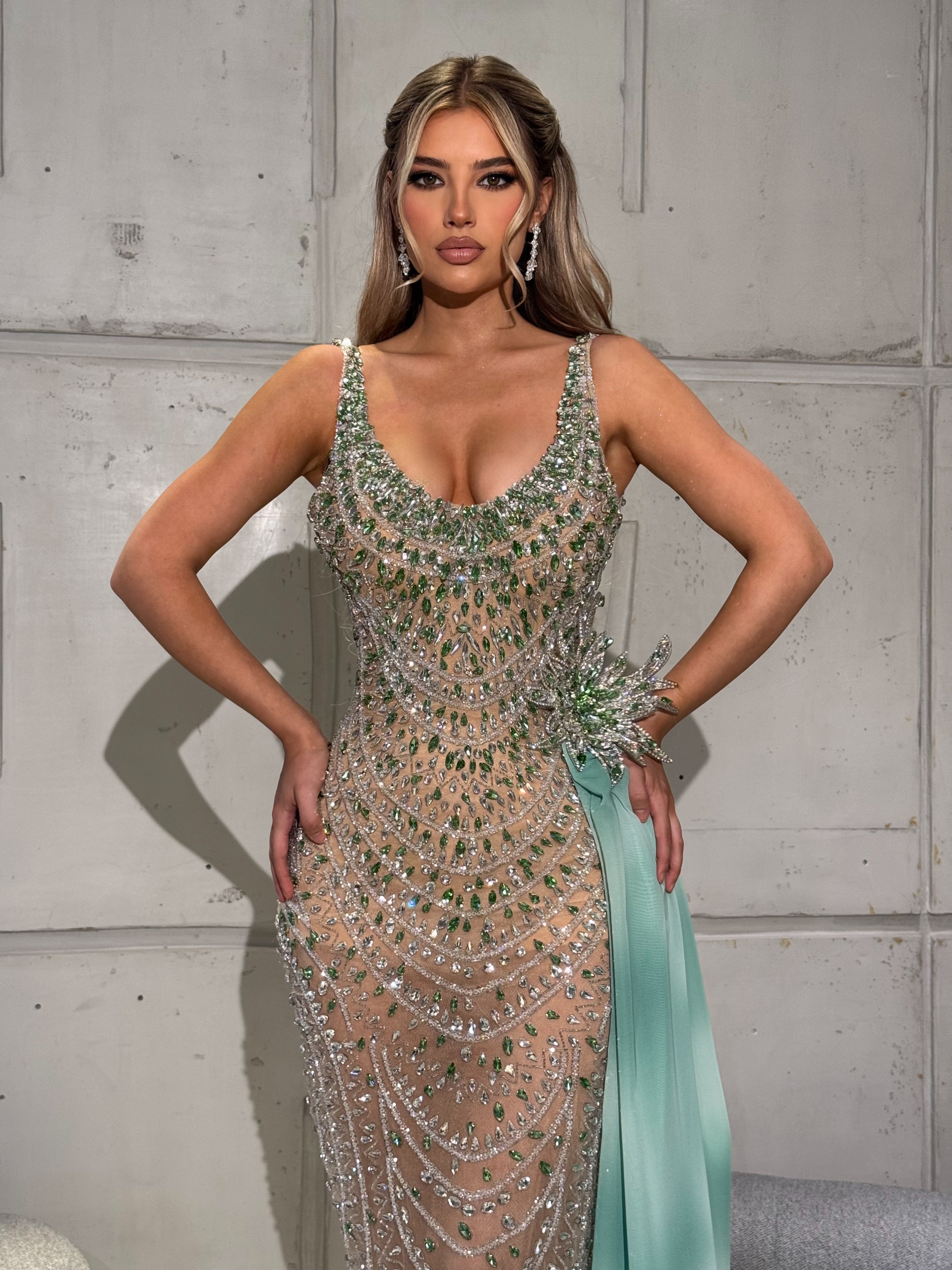 Mint Embellished Gown with Crystal Draping