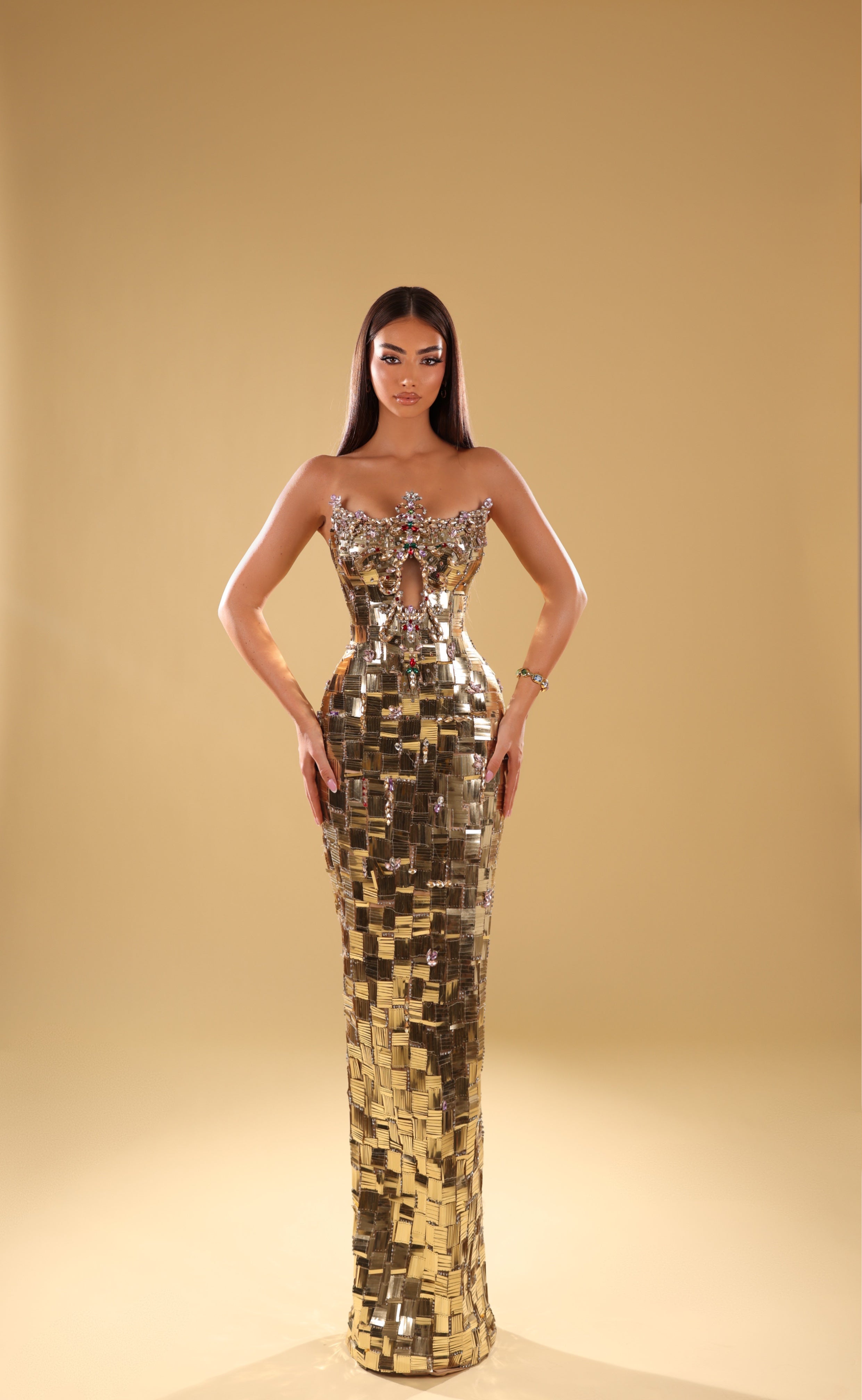 Mesila - Gold Mirror Embellished Gown
