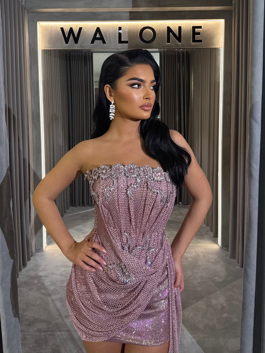 Short dress with rose crystal corset and asymmetric draped skirt