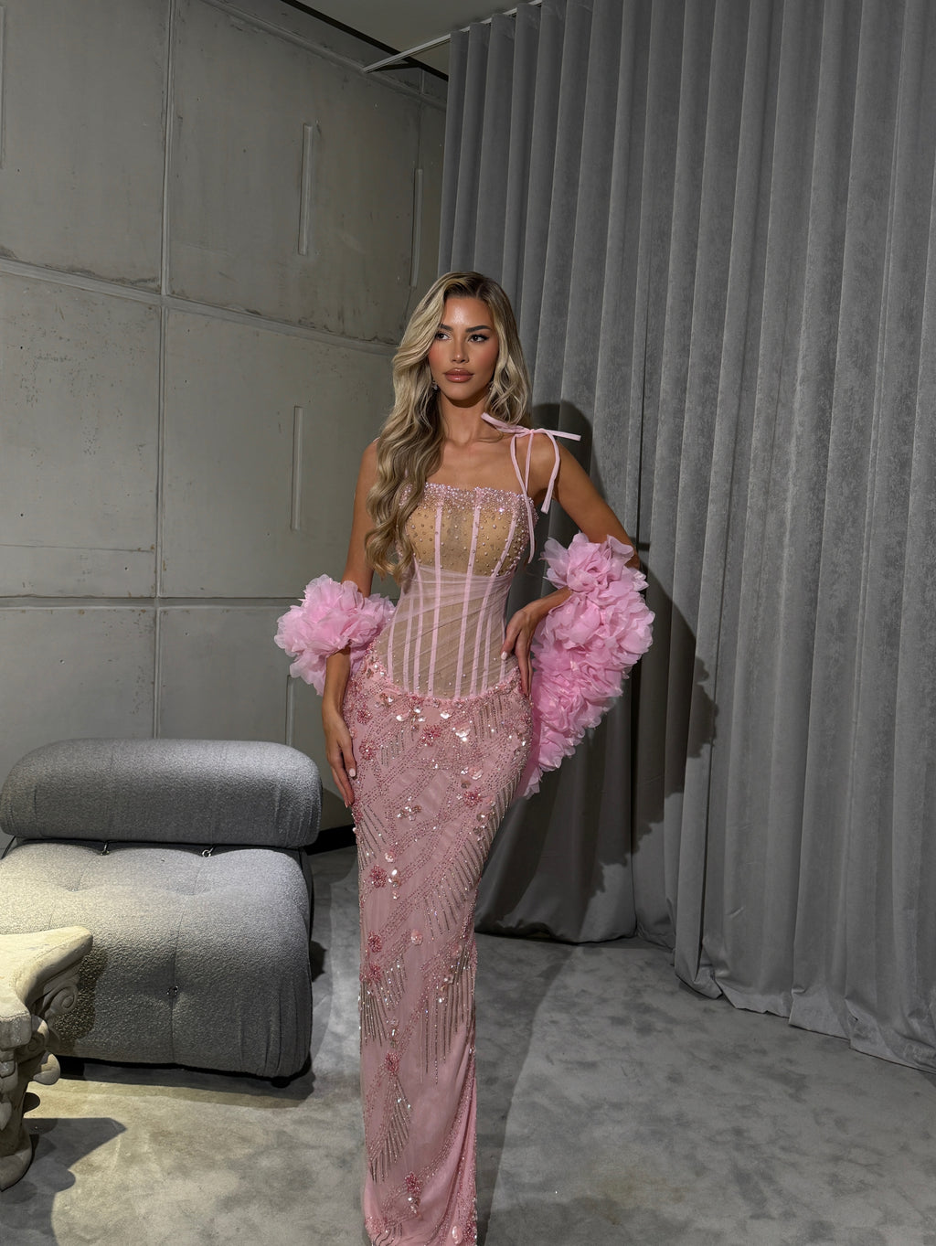 Azalèa - Pink Beaded Dress with Floral Appliqués