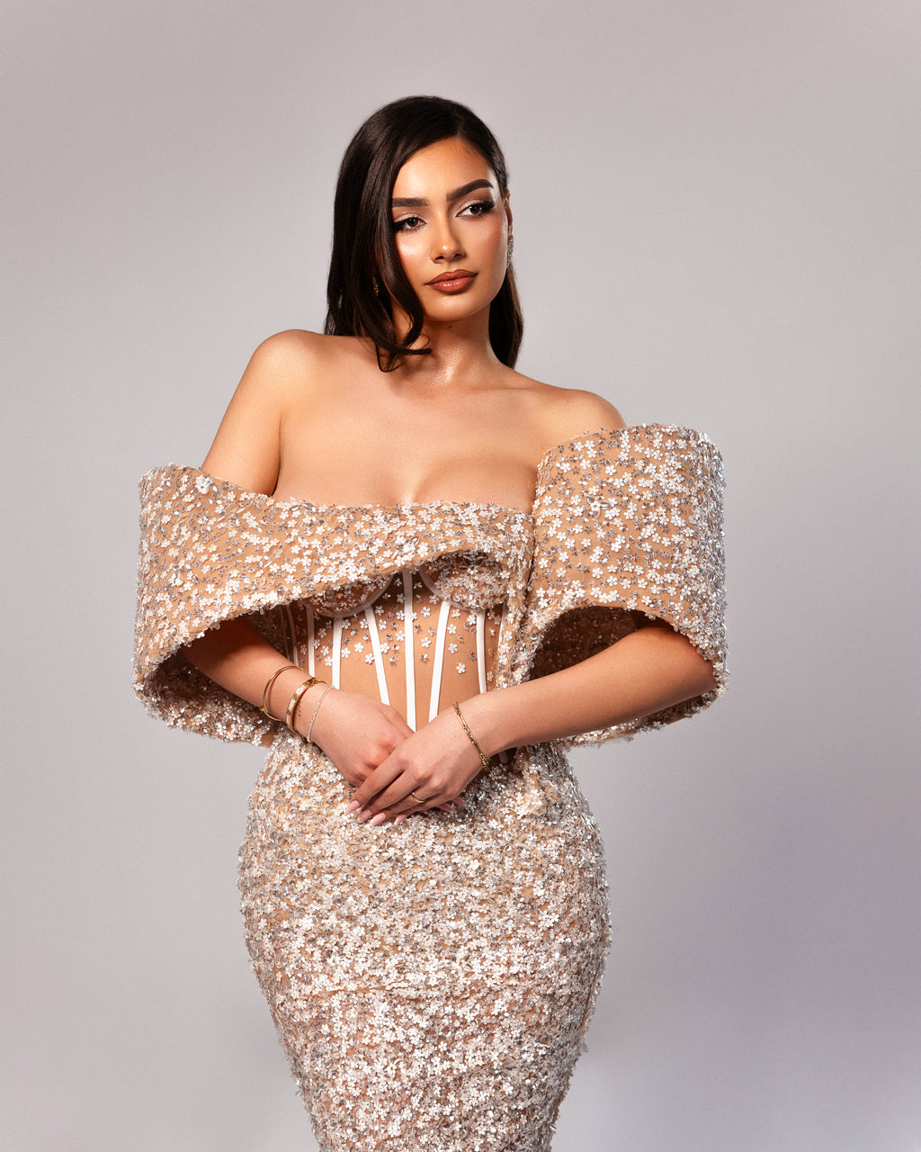 Off Shoulder Embellished Corset Gown with Draped Sleeves