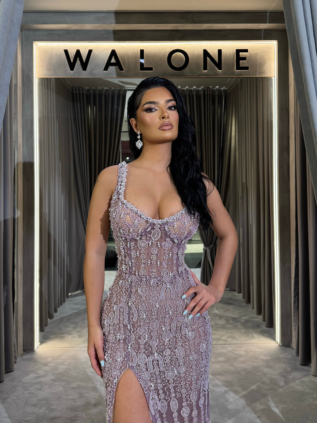 Lilac Beaded Slit Gown with Overskirt