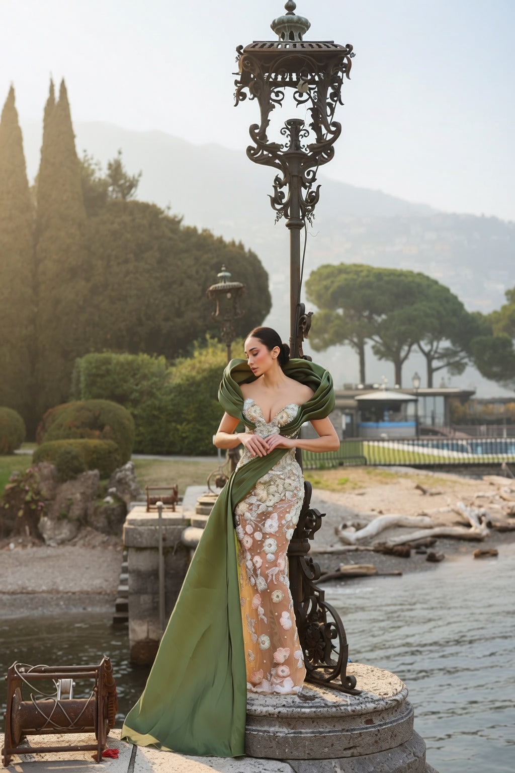 Riela - Draped Floral Gown with Pearl Embroidery