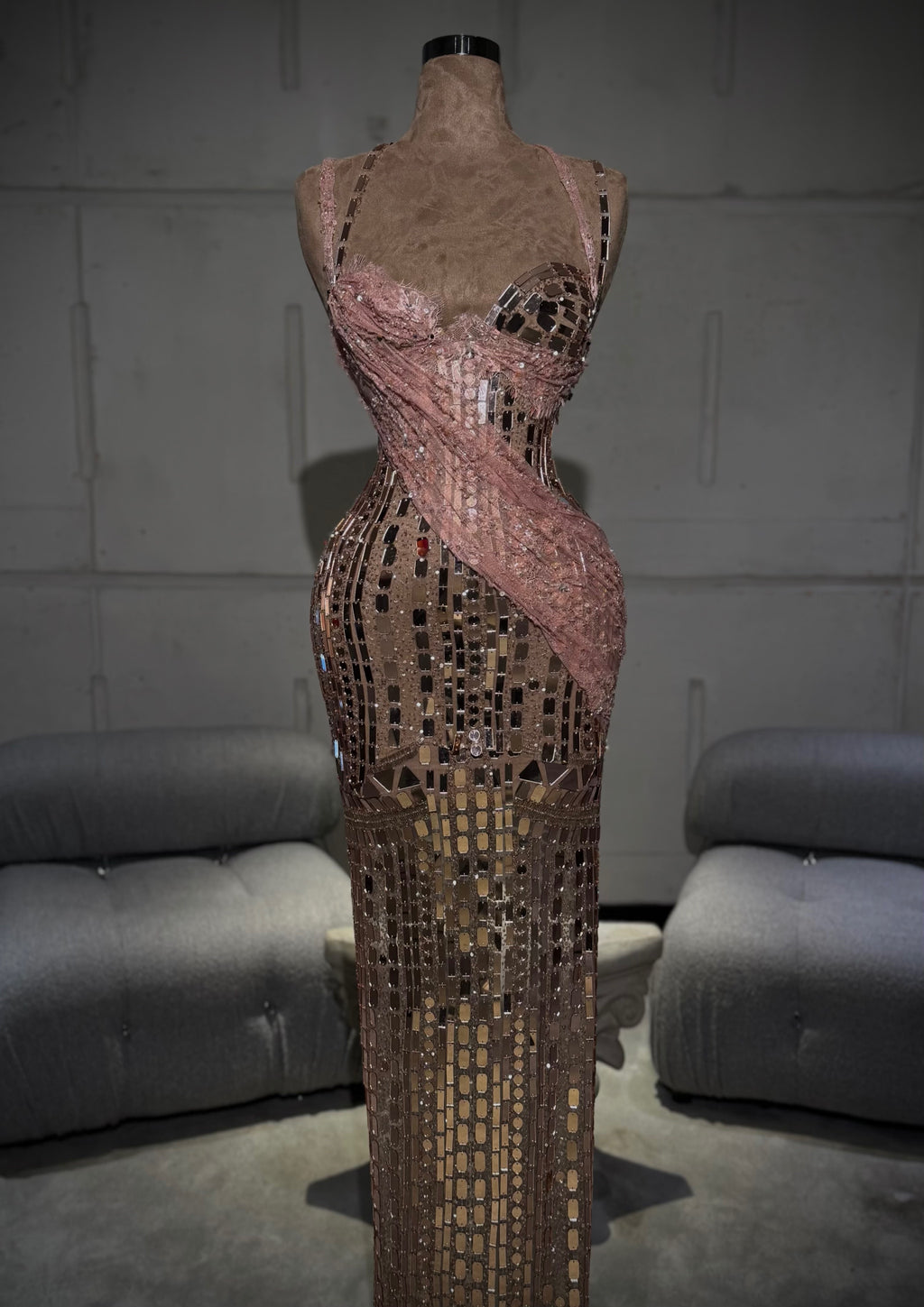 Lianna - Mirror Mosaic Corset Gown with Rosé Lace Draping