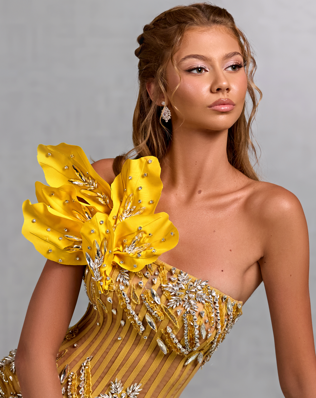 Yellow Mermaid Gown with Vine Motif and Floral Embellishment