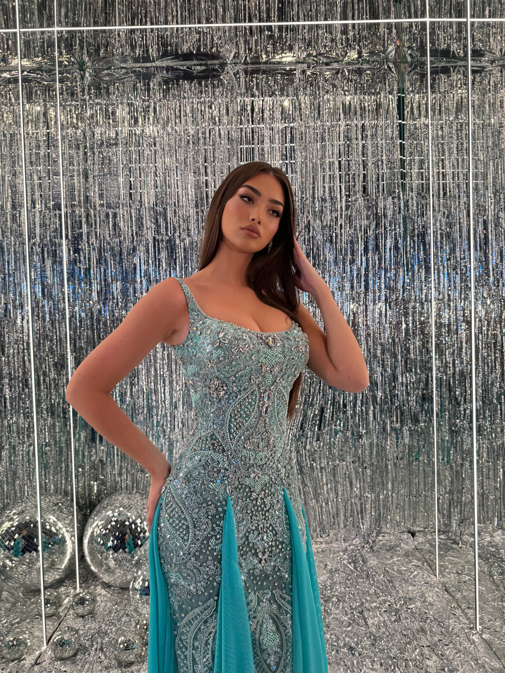 Donya - Turquoise Beaded Mermaid Gown with Draped Panels