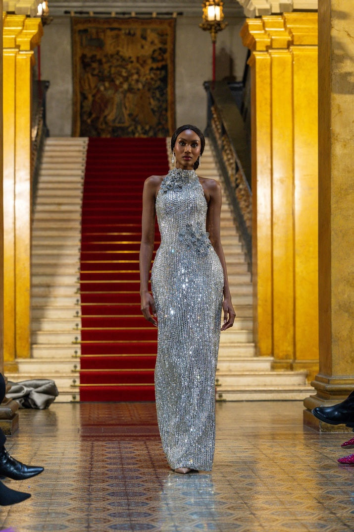 Hana - Crystal Halter Gown with Floral Appliqué