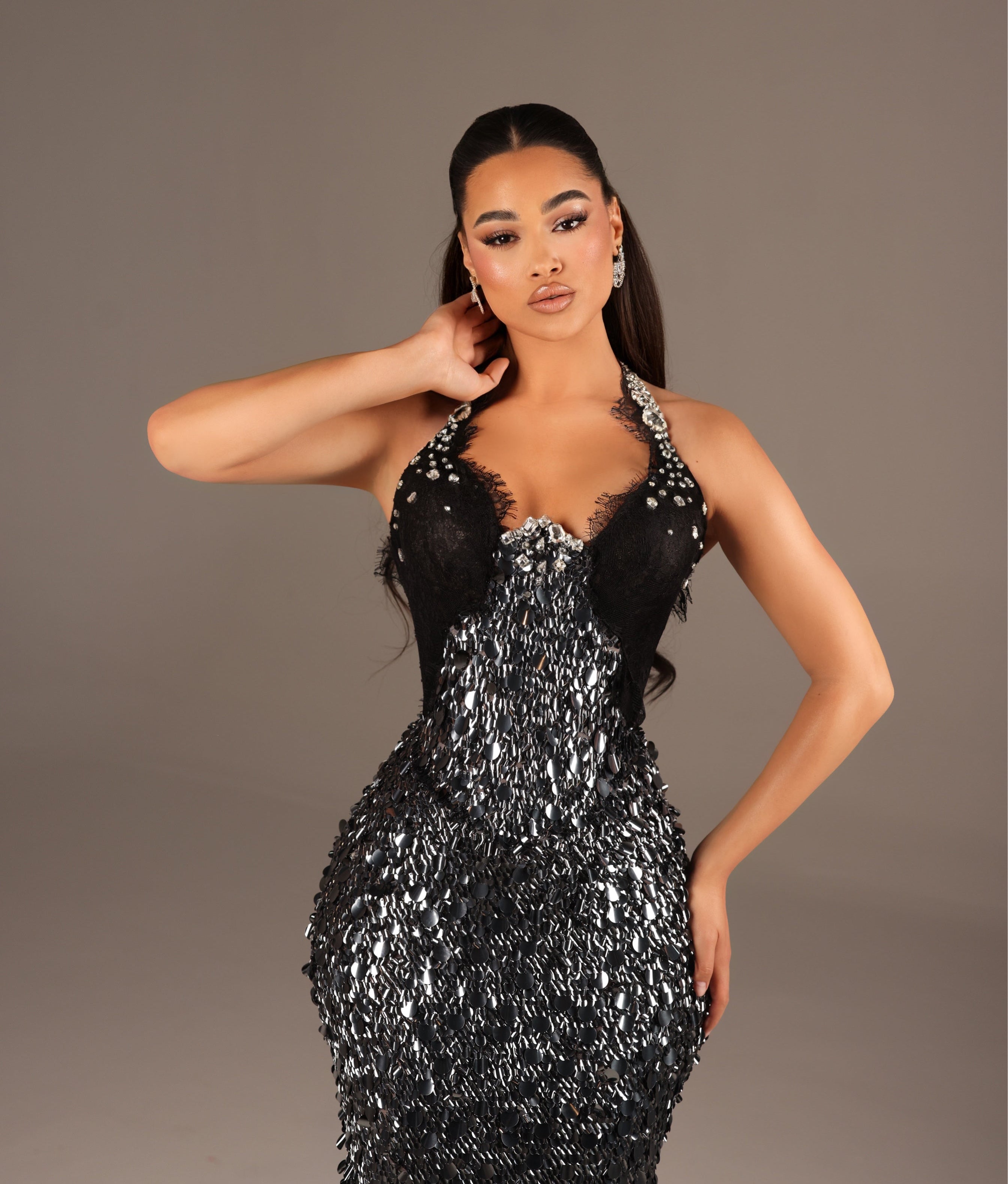 Riena - Halter Lace Corset Sequin Gown