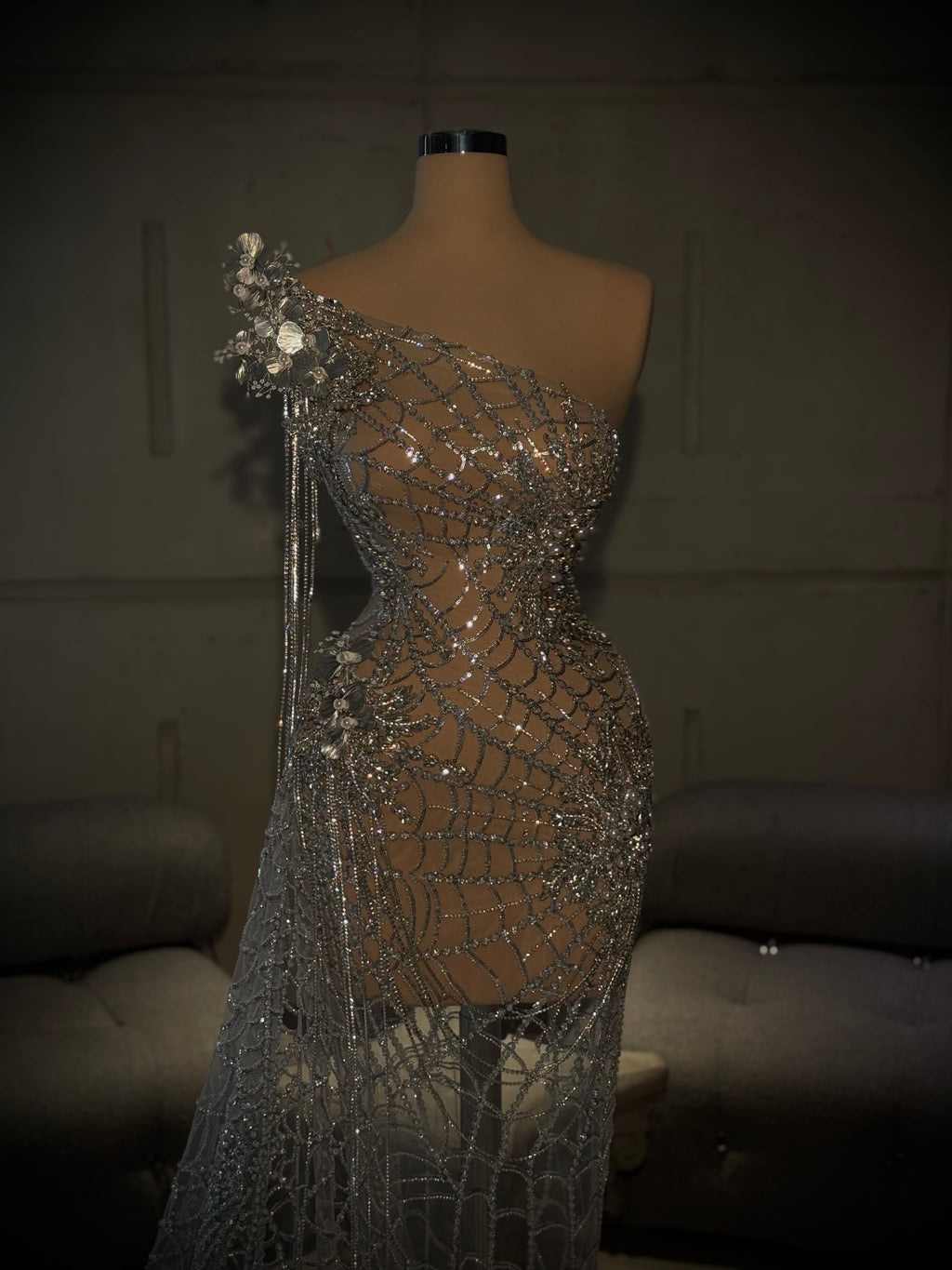 Olèna - One Shoulder Silver Crystal Gown