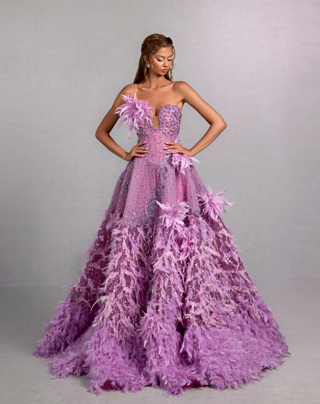 Lavender Feather Gown with 3D Floral Beading