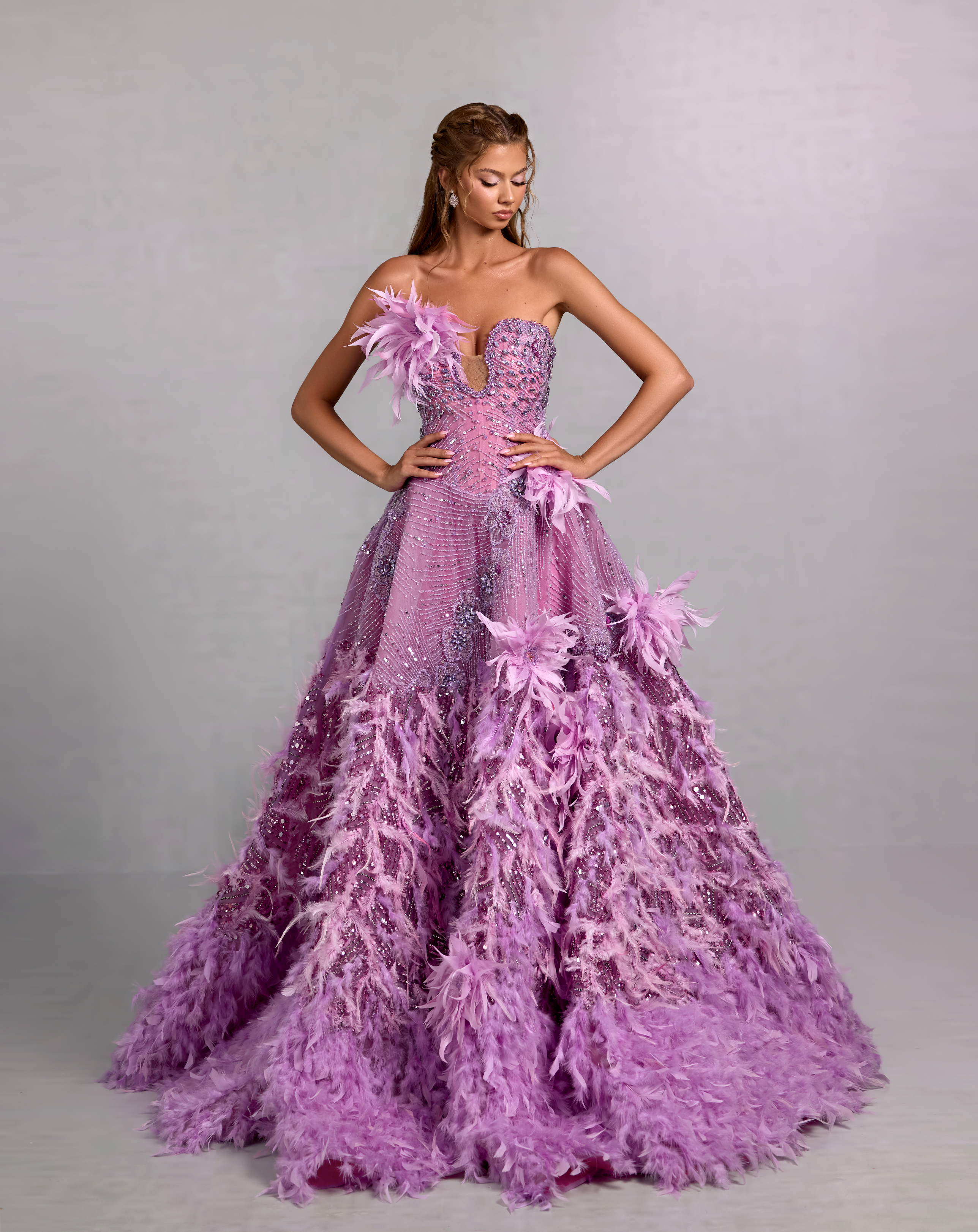 Lavender Feather Gown with 3D Floral Beading
