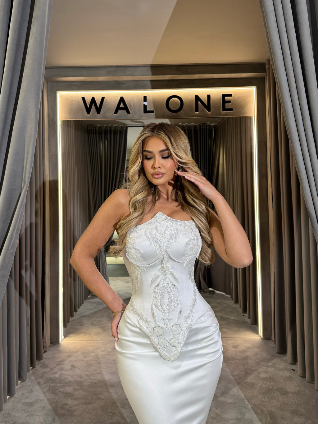 White Gown with Beaded Appliqué Bodice