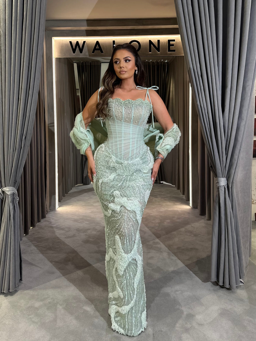 seafoam green formal dresses Mint Green Color Formal Dress Strapless Sheath/Column Pleats Stretch Satin Formal Dress With Slit