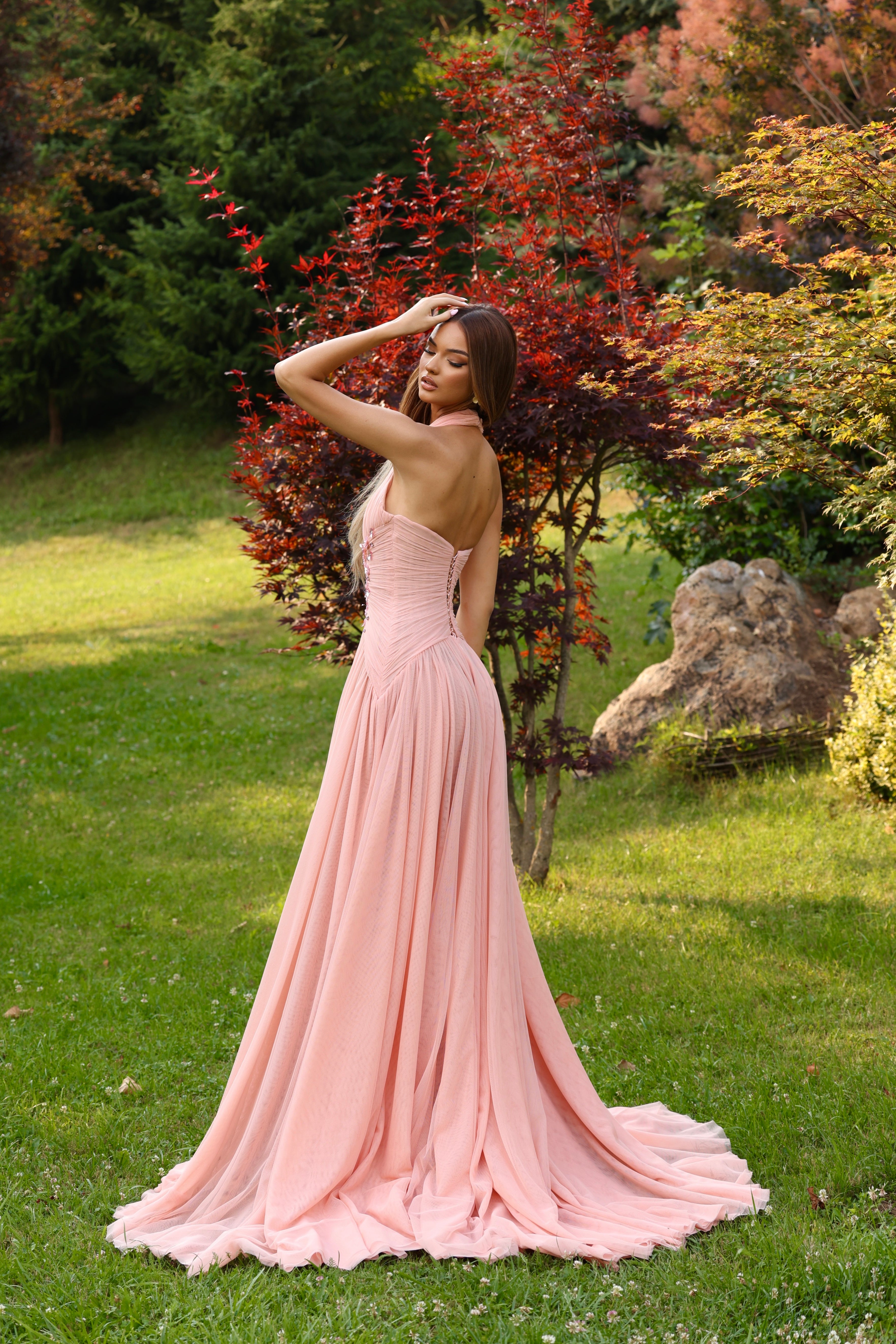 Meliora – Peach Halter Gown with Floral Embellishment