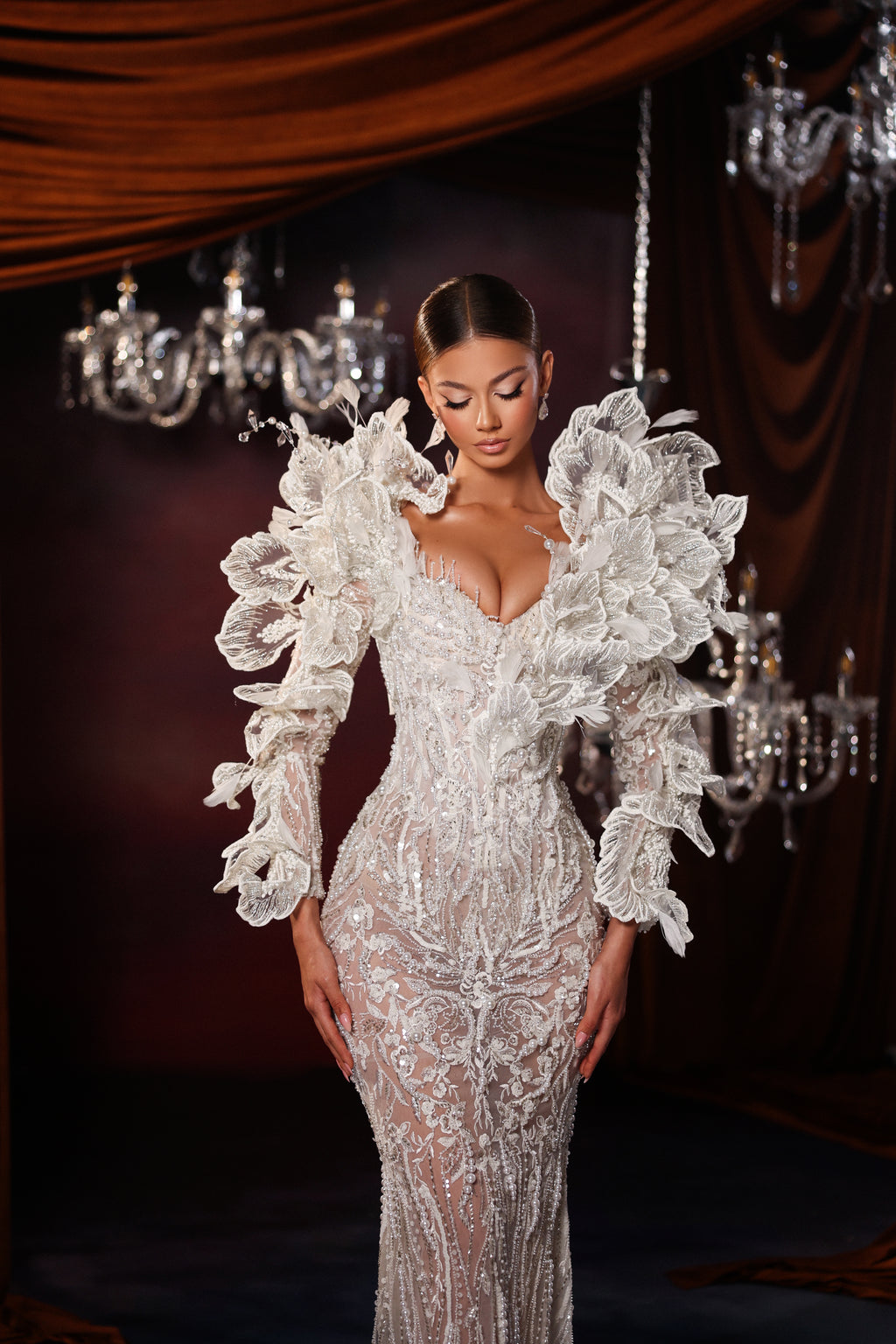 Voluminous Ruffle Shoulder Embellished Mermaid Gown