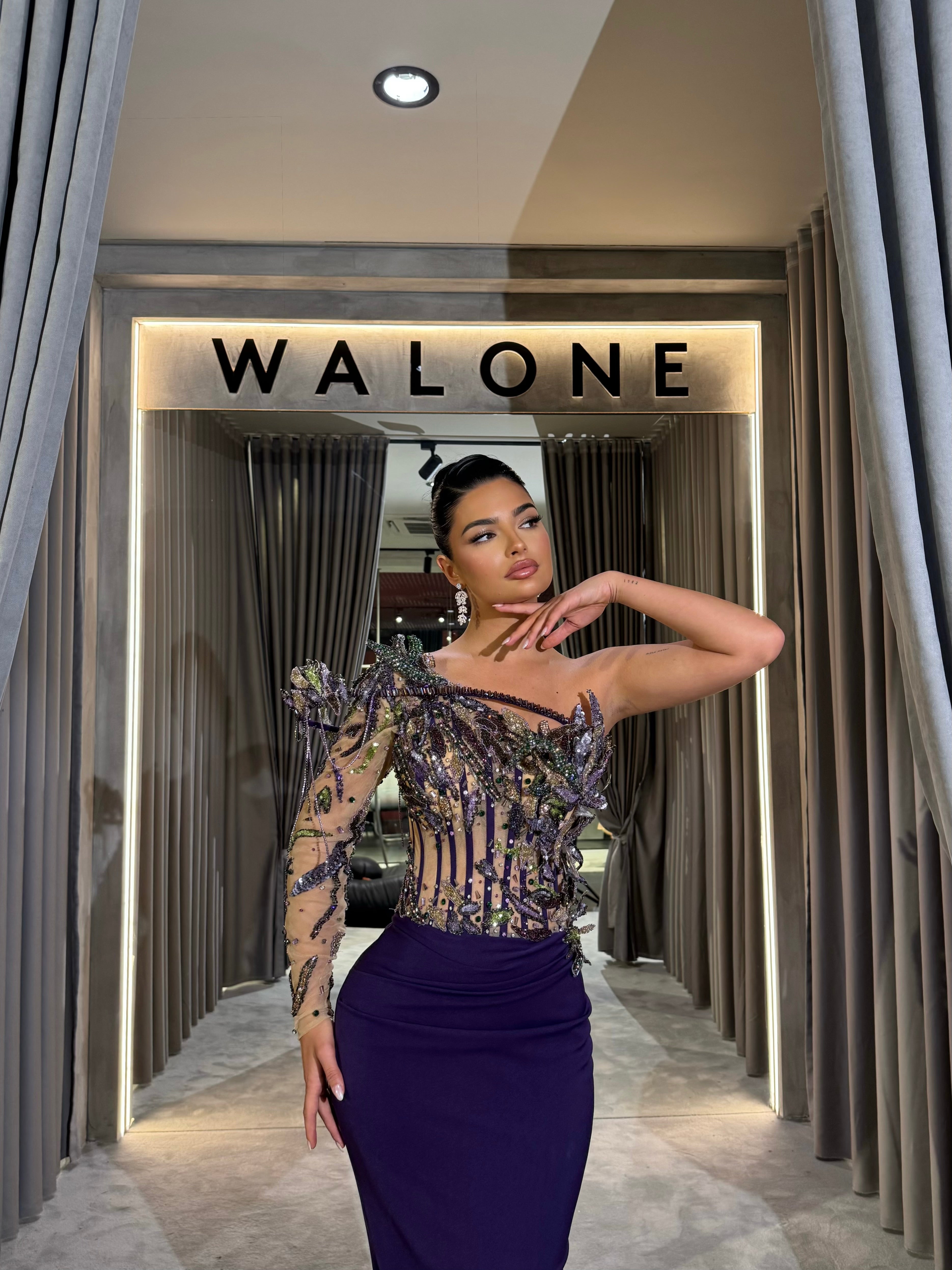 One Shoulder Embellished Gown with Beaded Mesh Bodice